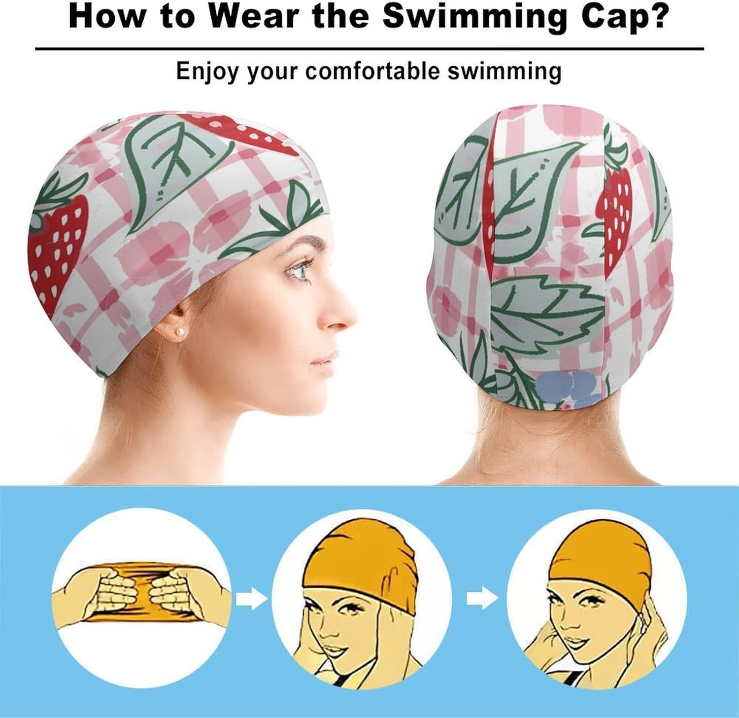 Strawberry Check Comic Style Womens Swim Cap for Men Adult Swimming Hat Curly Short Medium Long Hair