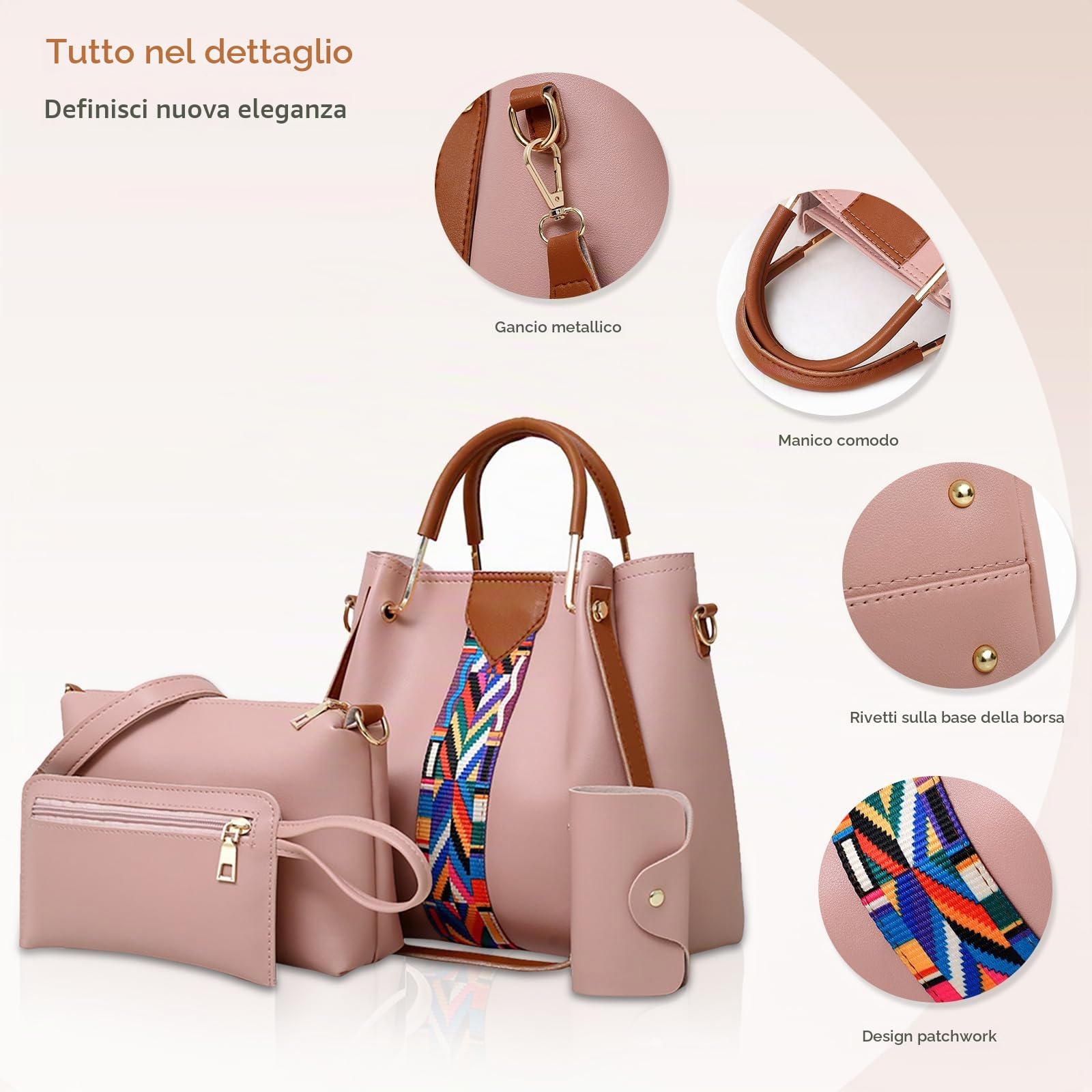 NICOLE & DORIS Borse donna Borse a spalla da donna Borse a tracolla Borse da 4 pezzi per donna Borse a tracolla Rosa
