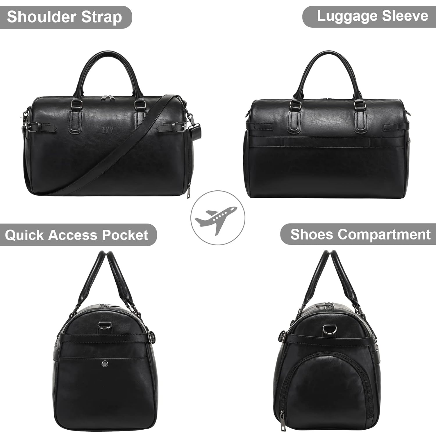 Vegan Leather Duffle Bag, LXY Travel Duffle Weekender Bag with Shoe Compartment, Duffel Overnight Gym Bags for Women Men Black - Image 7