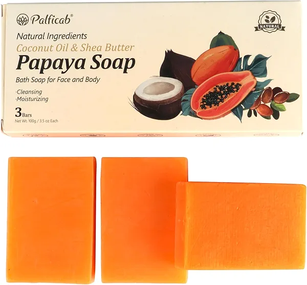PALFICAB Natural Exfoliating & Moisturizing Bar Soap, Tea Tree Oil & Coconut Oil, Shea Butter, Papaya, Lemon Essential Oil – Vegan, Bar Soap with Purple Foaming Net, 3 Bars
