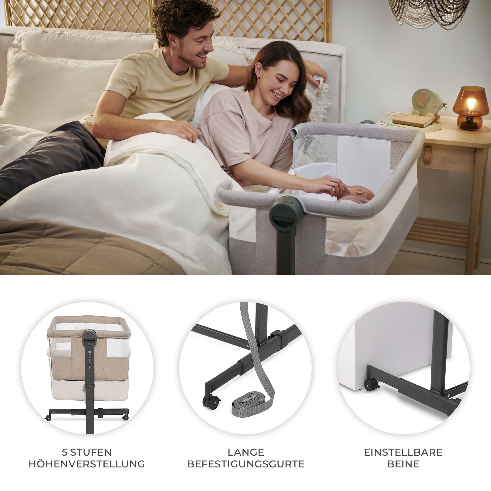 Kinderkraft NESTEE UP 2 Beistellbett 2 in 1, Kinderreisebett mit Matratze Laken, 5-stufige Matratzenhöhenverstellung, 4 Rädern mit Bremse, Weichen Material, Leichte Konstruktion, Beige