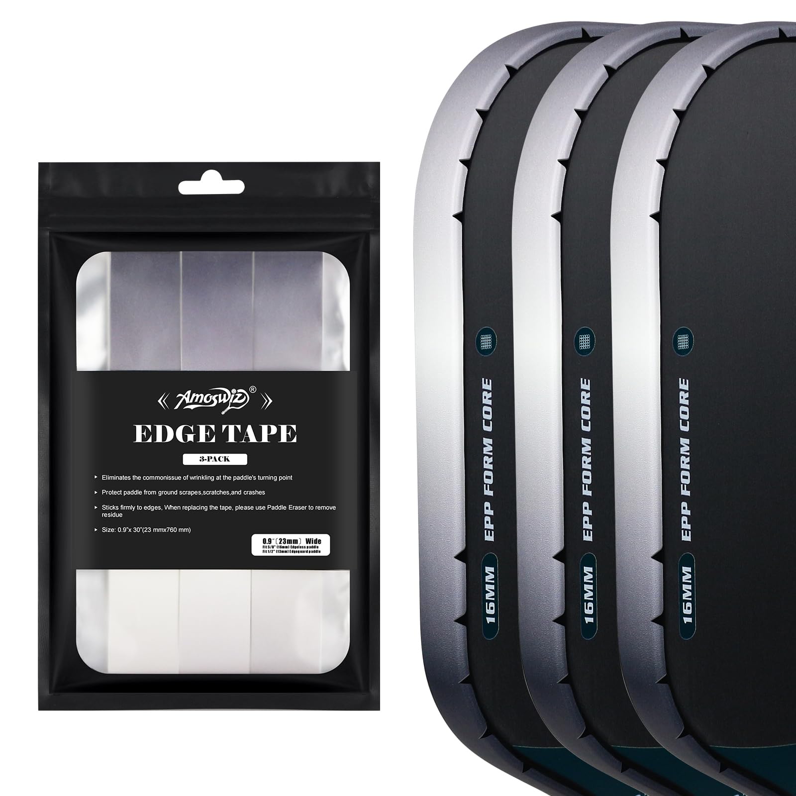 Amoswiz Pickleball Edge Guard Tape, White to Black to Gray Gradiant Color Pickleball Protection Tapes 3 Pcs, No Wrinkling, Suitable for 13MM & 16MM & 20MM Thicknesse Paddles 23MM Width