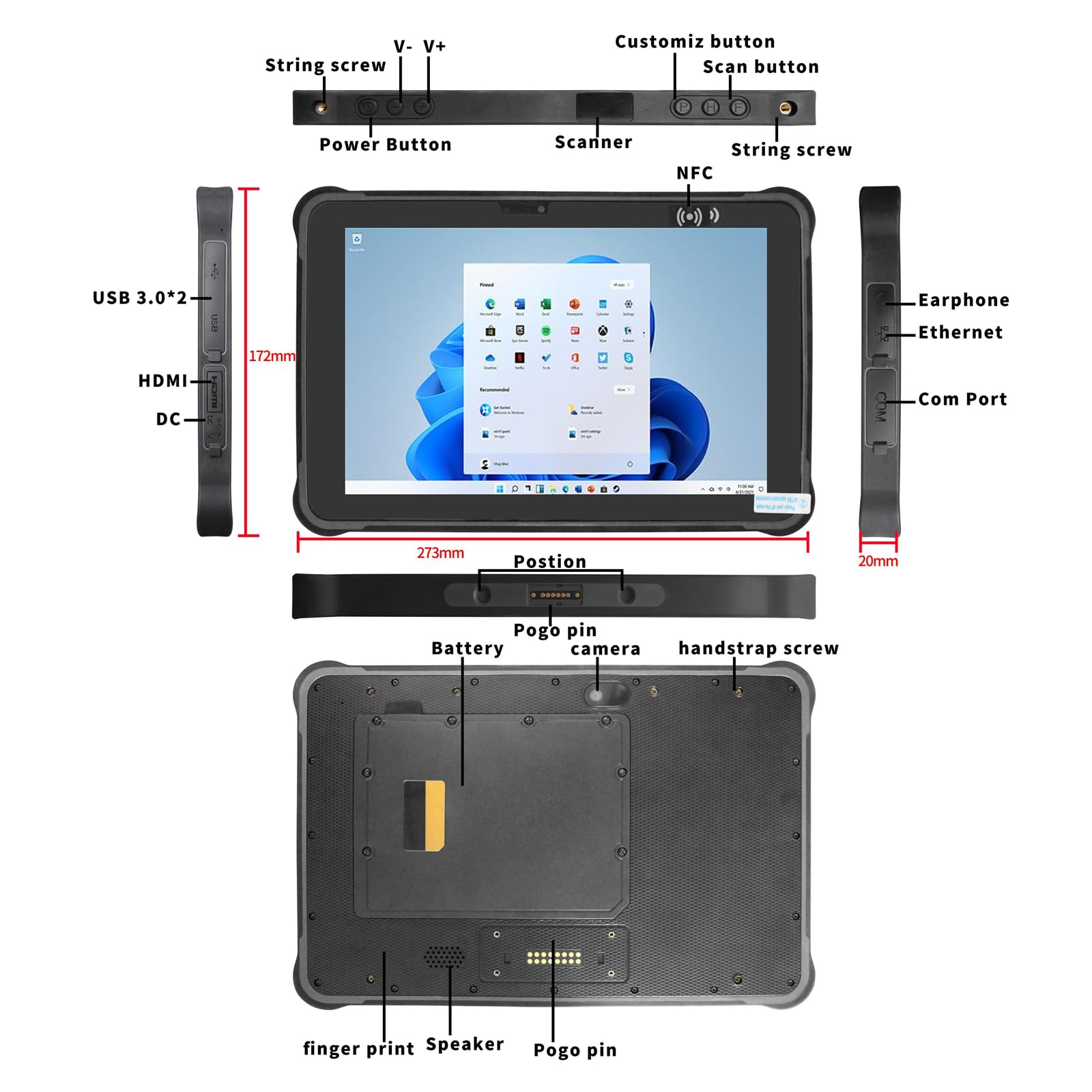 10.1 pollici Windows 11 Pro Rugged Tablet, industriale Tablet PC con scanner 1D/2D e docking station (RAM/ROM 8GB+256GB)