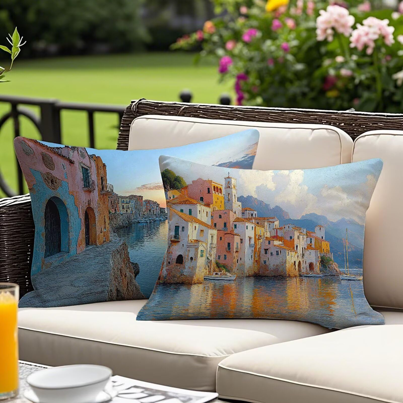 Coussin extérieur imperméable 50x70 pour embellir votre terrasse et salon cet été motif paysage
