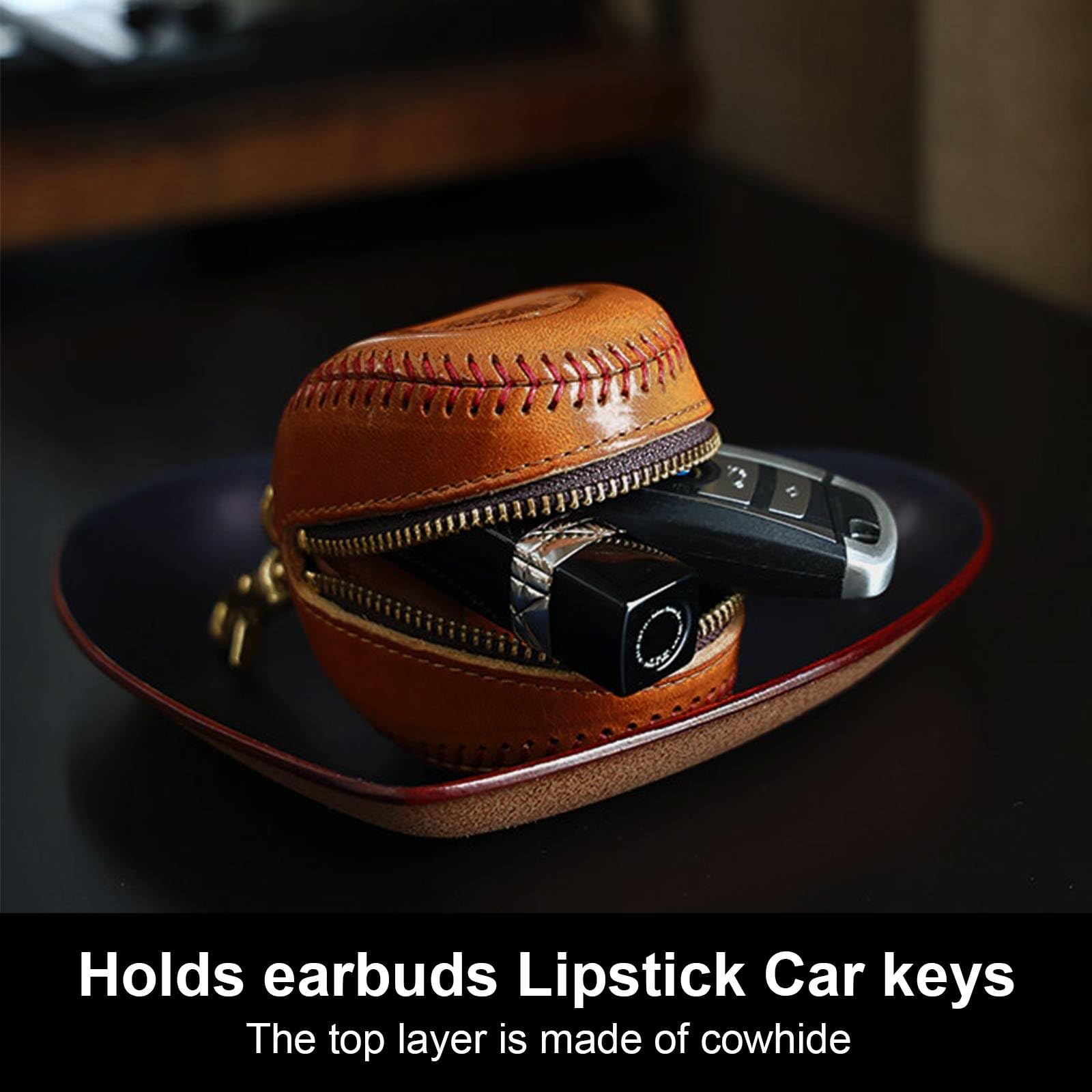 Estuche Auriculares Cuero Auténtico, Organizador Bolso Estilo Béisbol Intrauditivos, Monedero Vintage Cremallera Auriculares Llaves Coche Pintalabios, Colgado Cuello,Viaje Y Desplazamientos