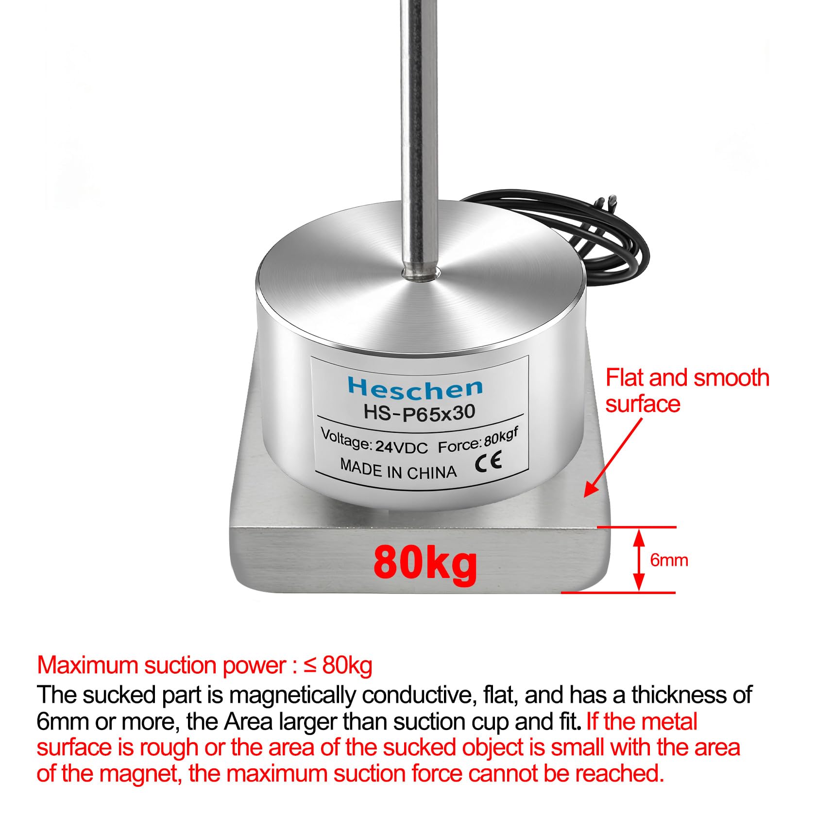 Heschen Electroimán P65/30 24V CC 80kg Atracción Plateado Cilíndrico