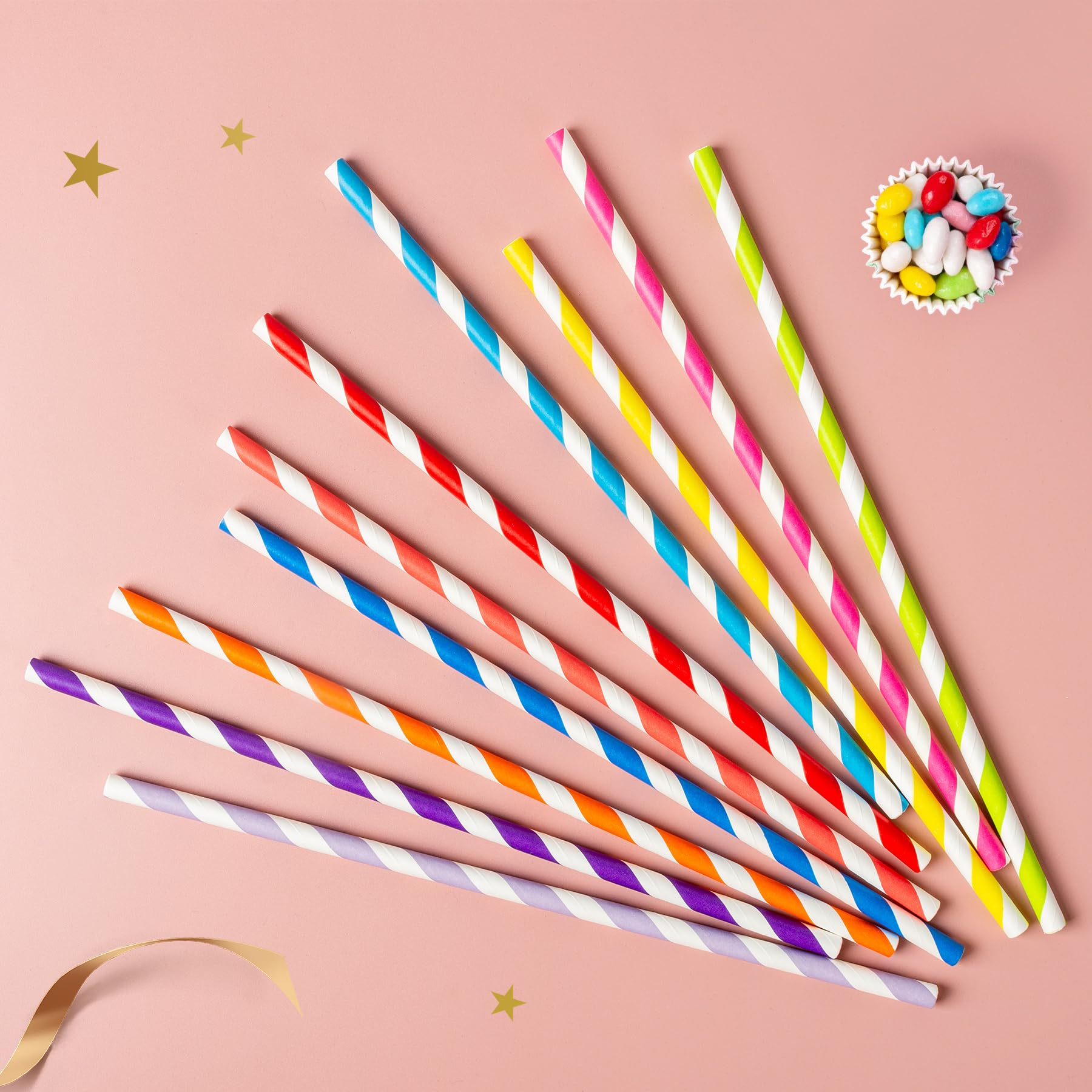 Lot de 100 Pailles en Papier Jetables Arc-en-Ciel 10 Couleurs Vives Ø6 x 210mm