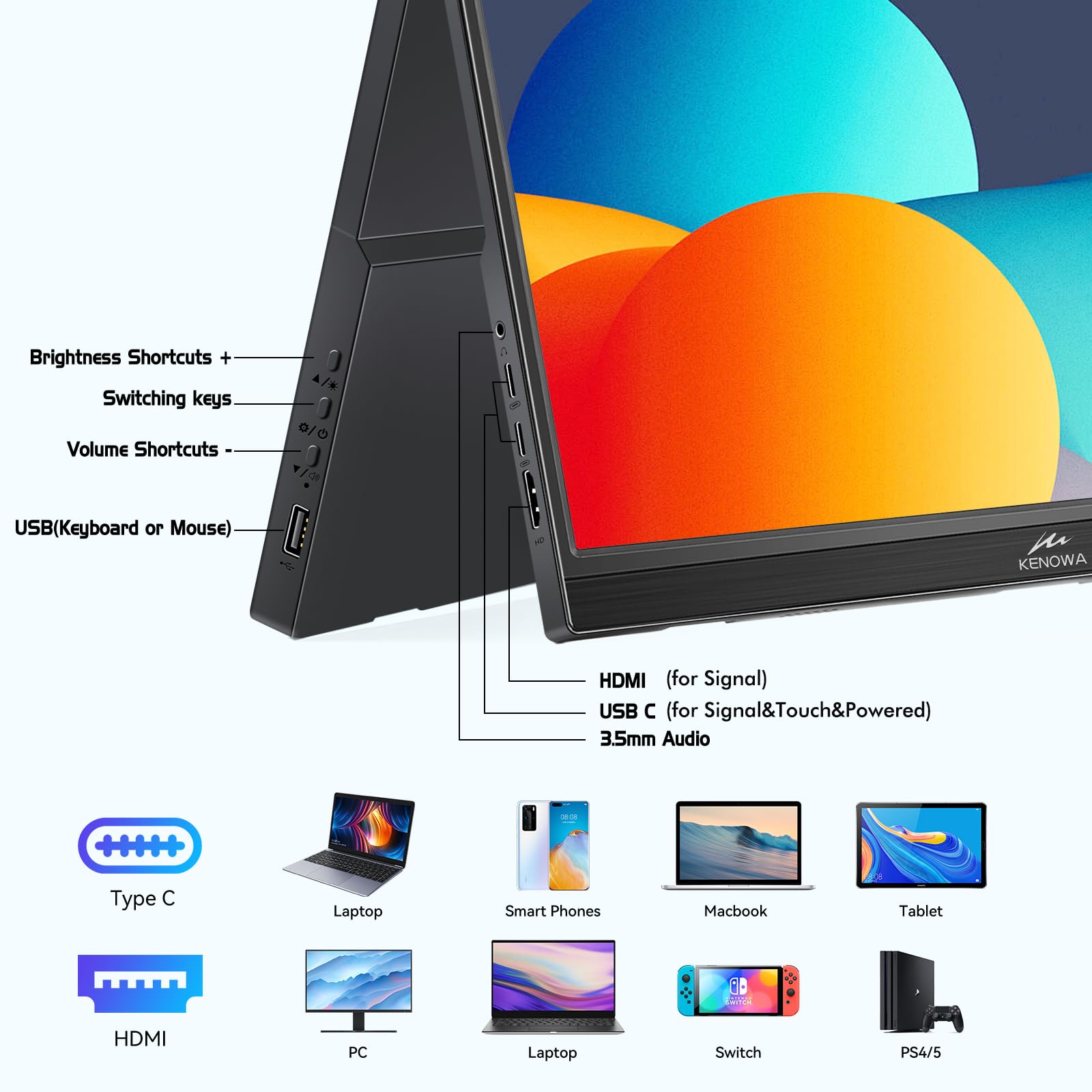 Kenowa Portable Monitor Touchscreen 14" FHD 1080P External Display 100% sRGB,Low-Power,VESA Mountable Travel Monitor Port with USB-C & HDMI for PC/Laptop/Mac/Gaming/Office — view 2