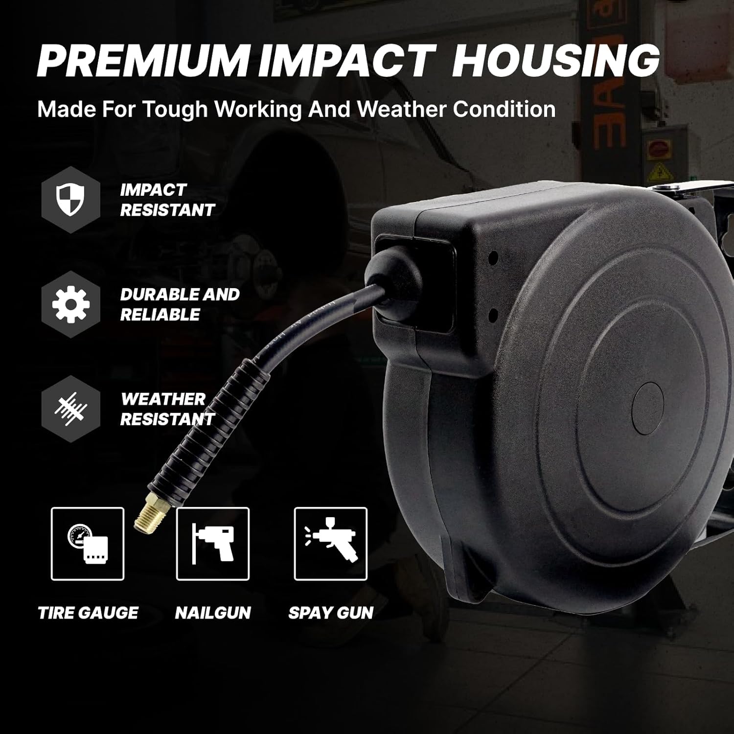 Retractable Air Hose Reel, 1/4 IN x 45 FT Hybrid Air Hose Max 300 PSI, Air compressor hose reel with 5 ft Lead in, Ceiling/Wall Mounted air hose reel,Heavy Duty air tool