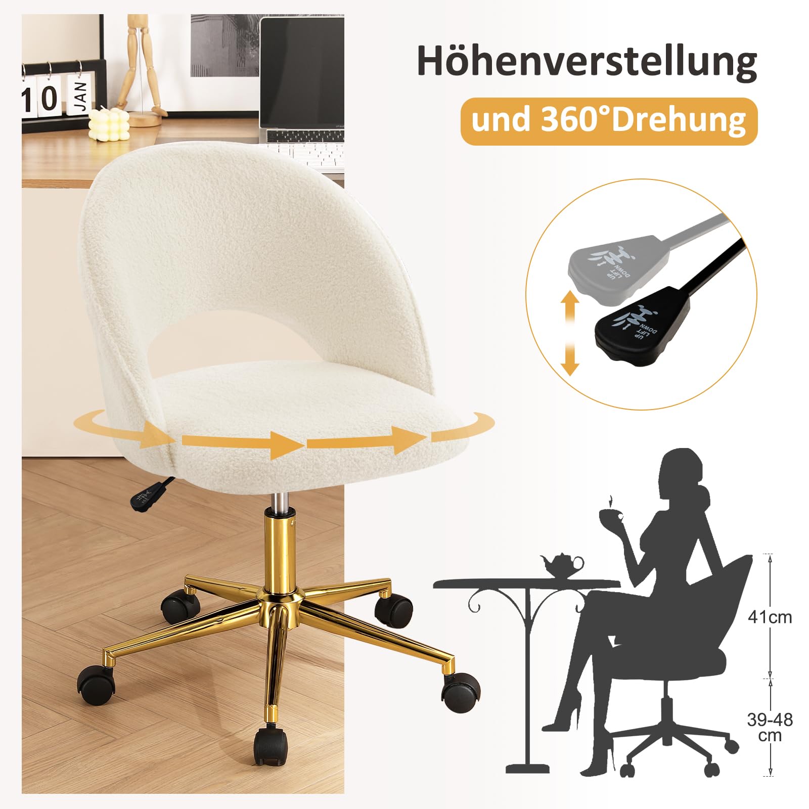 Hellove Bürostuhl mit goldenem Gestell, Schreibtischstuhl, Schminktischstuhl aus Sherpa, 360°Drehstuhl Höhenverstellba 135 kg belastbar für Wohnzimmer,Schminkzimmer,Schlafzimmer, Weiß