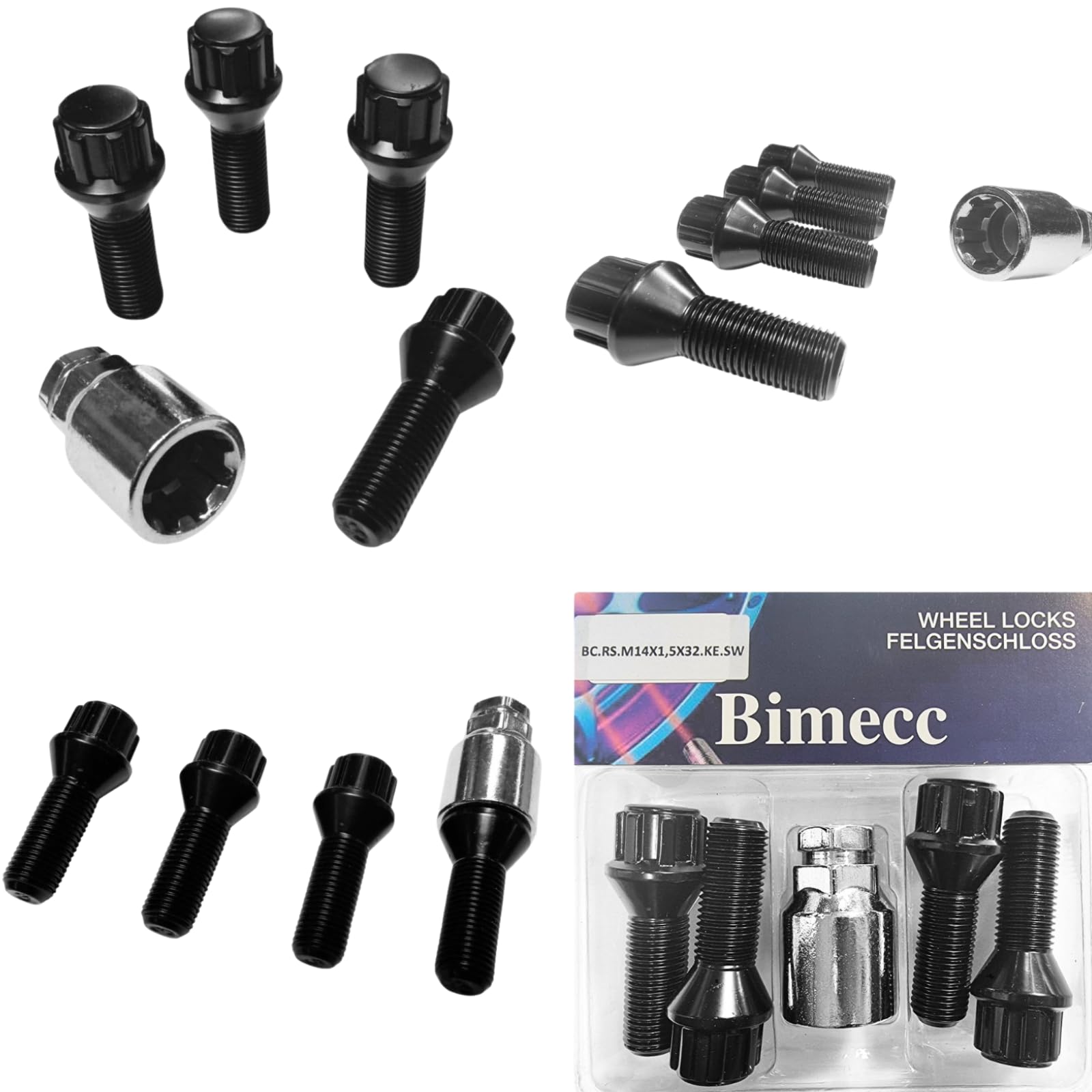 Blokada do felg M14 x 1,5 x 32 mm, taśma stożkowa 60°, kompatybilne z BMW Lamborghini Polestar Rolls-Royce Smart Volvo, 4 x czarne zamki do felg, zabezpieczenia felg, zestaw 4 śrub do kół