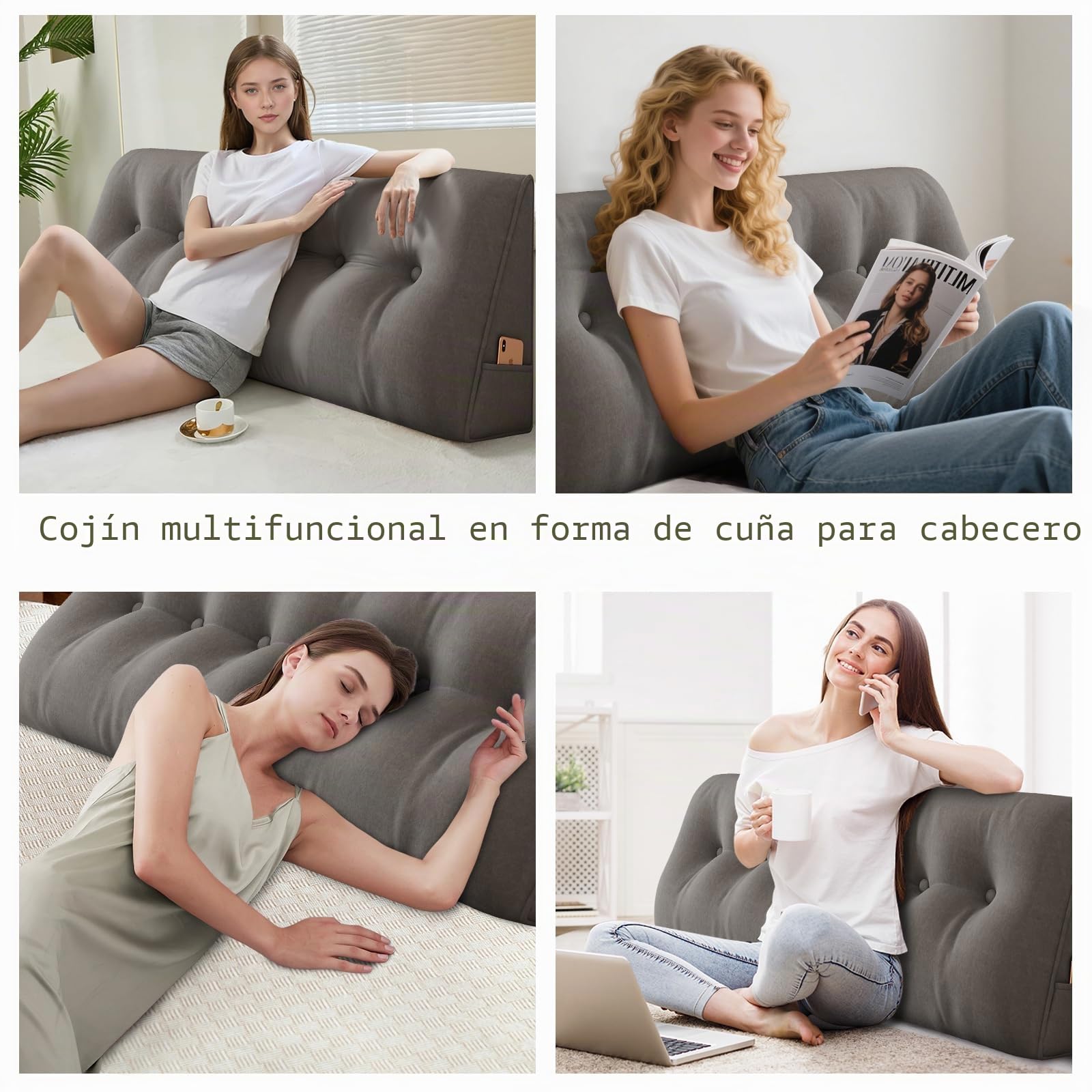 ShowyLive Cojín de Respaldo, Cojín de Lectura Triangular Simple para Cama o Sofá, Almohada de Lectura, Respaldo de Cama con Bolsillo Lateral, Funda Extraíble y Lavable (100 x 50 x 20 cm, Gris Oscuro)