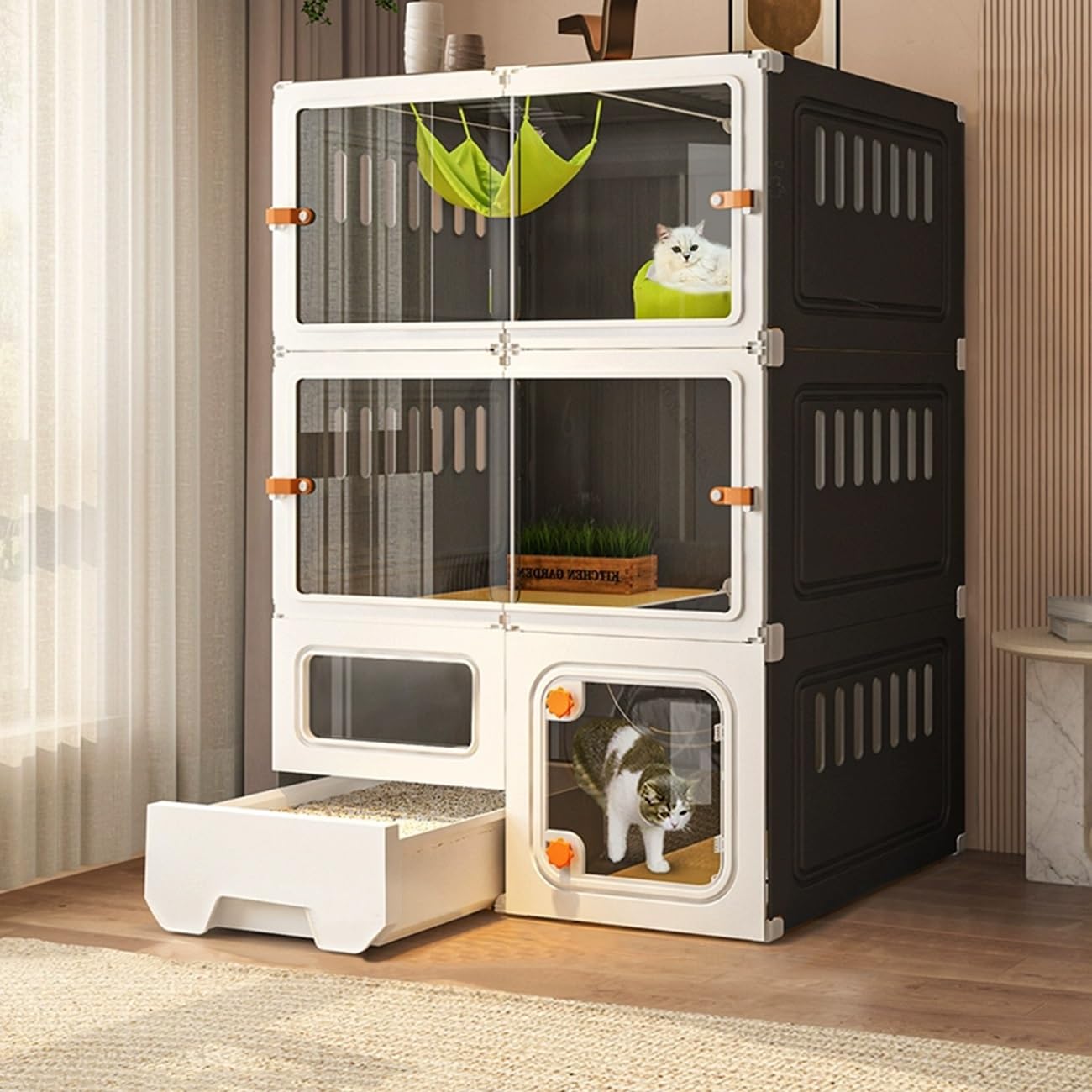 YLEPHNE Indoor Cat Cage With Litter Box, Transparent Villa, Enclosure for Happy Feline Friends (Gray, 71x46x106cm)