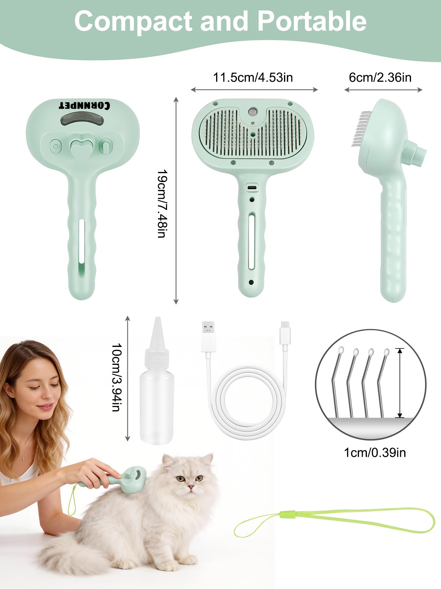 Cepillo de vapor 5 en 1 para perros y gatos con botón de vapor y liberación, herramienta de aseo para mascotas de interior, eliminación de pelo de gato, agua para animales pequeños, pelo largo y corto