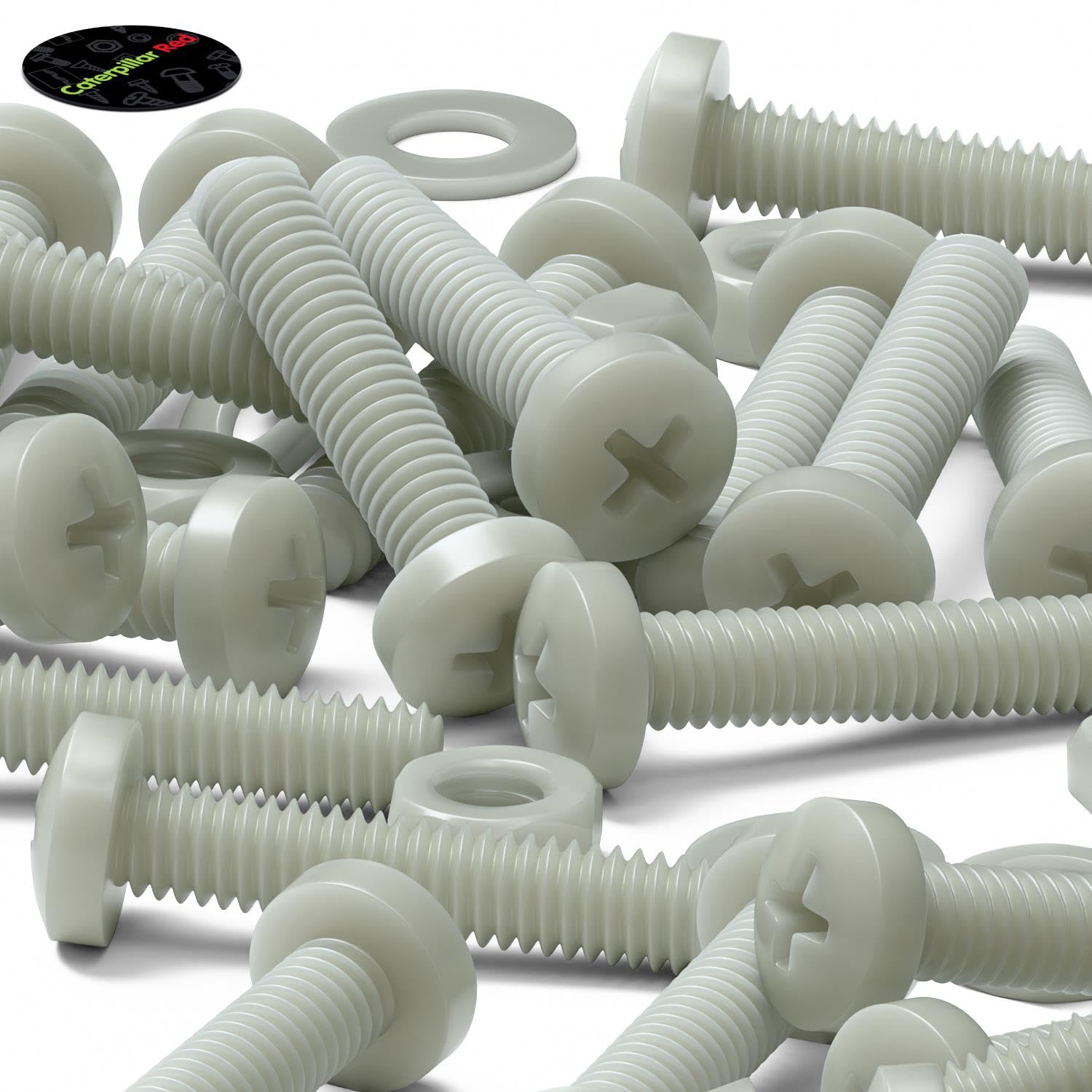 50 x Glass Filled Reinforced Super Nylon Pan Head, Crosshead Machine Screws, M4 x 20mm, Plastic Nuts and Bolts, Washers, (5/32 x 25/32 in)