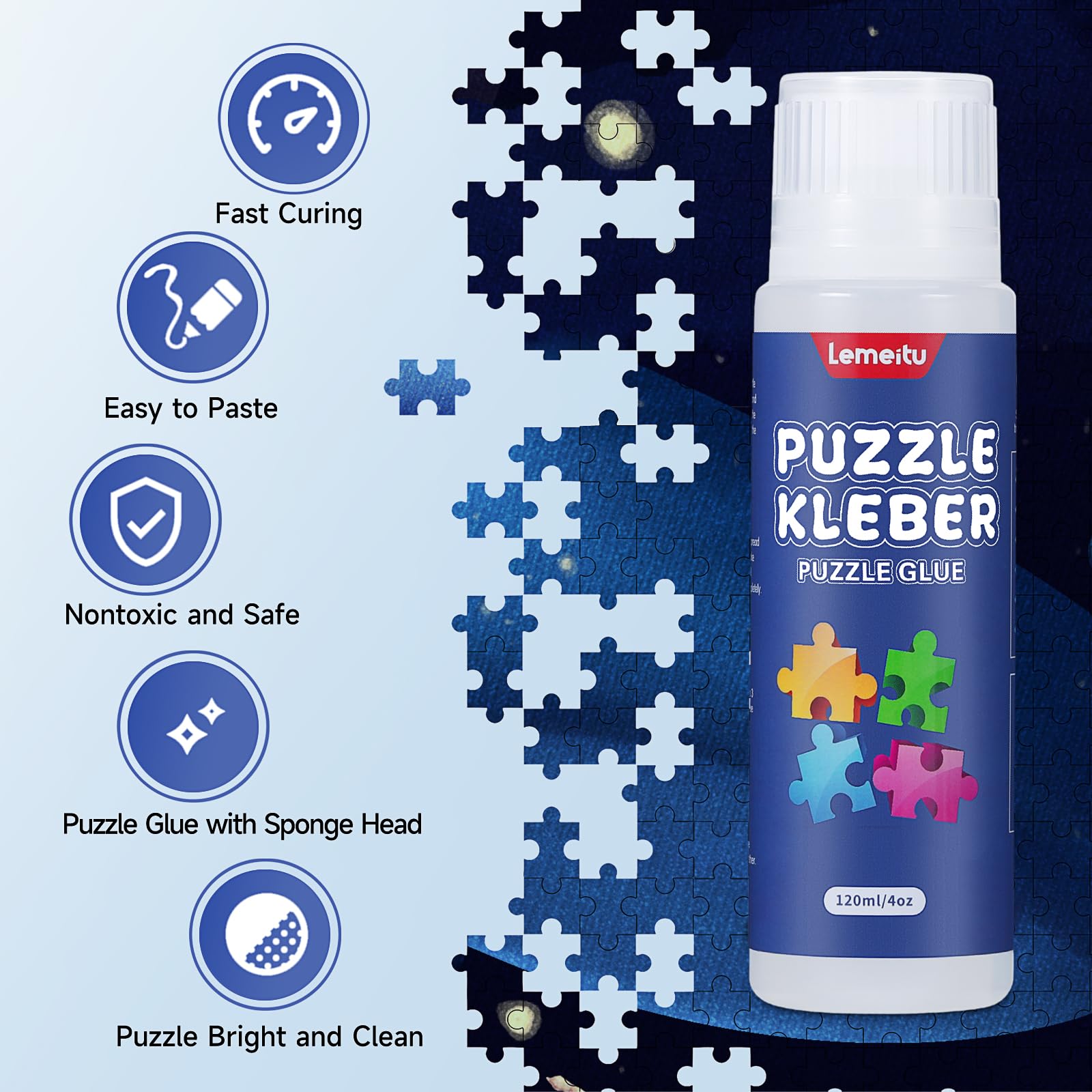 Lemeitu Colla per puzzle 1000/1500/3000 pezzi, colla PVA atossica, colla autoadesiva, asciugatura rapida, 120 ml, 1 confezione