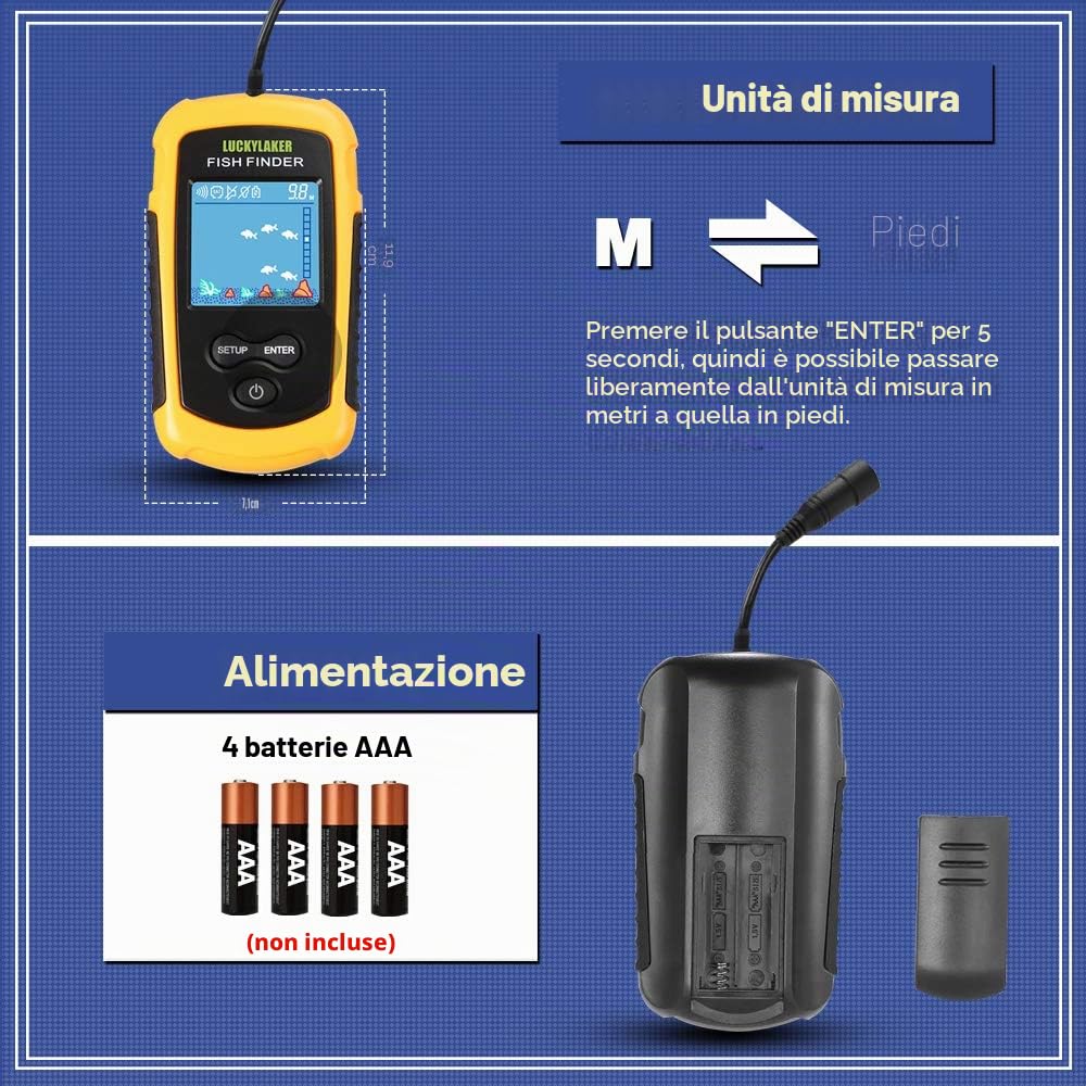 LUCKY Kayak Portatile Cercatore di Profondità dei Pesci Ecoscandaglio Portatile per Acqua Sonar Calcinabile Barca in Kayak Display LCD da Pesca con Trasduttore Ecoscandaglio FFC1108