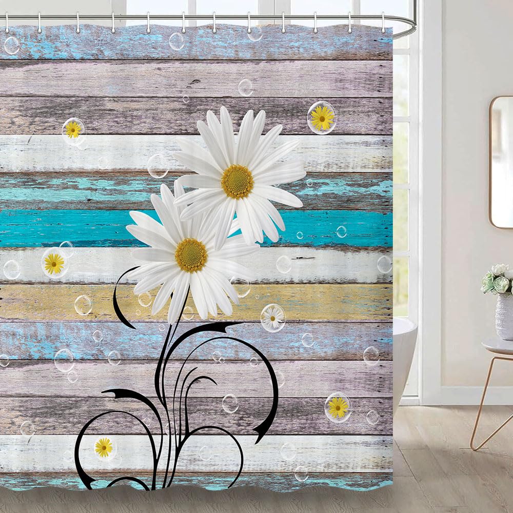 JAWO Daisy Shower Curtain, Rustic Floral Farmhouse Flower Spring Bath Curtains, Country Nature Botanical Decor Shower Curtain Set with Hooks White Yellow, 72X72IN
