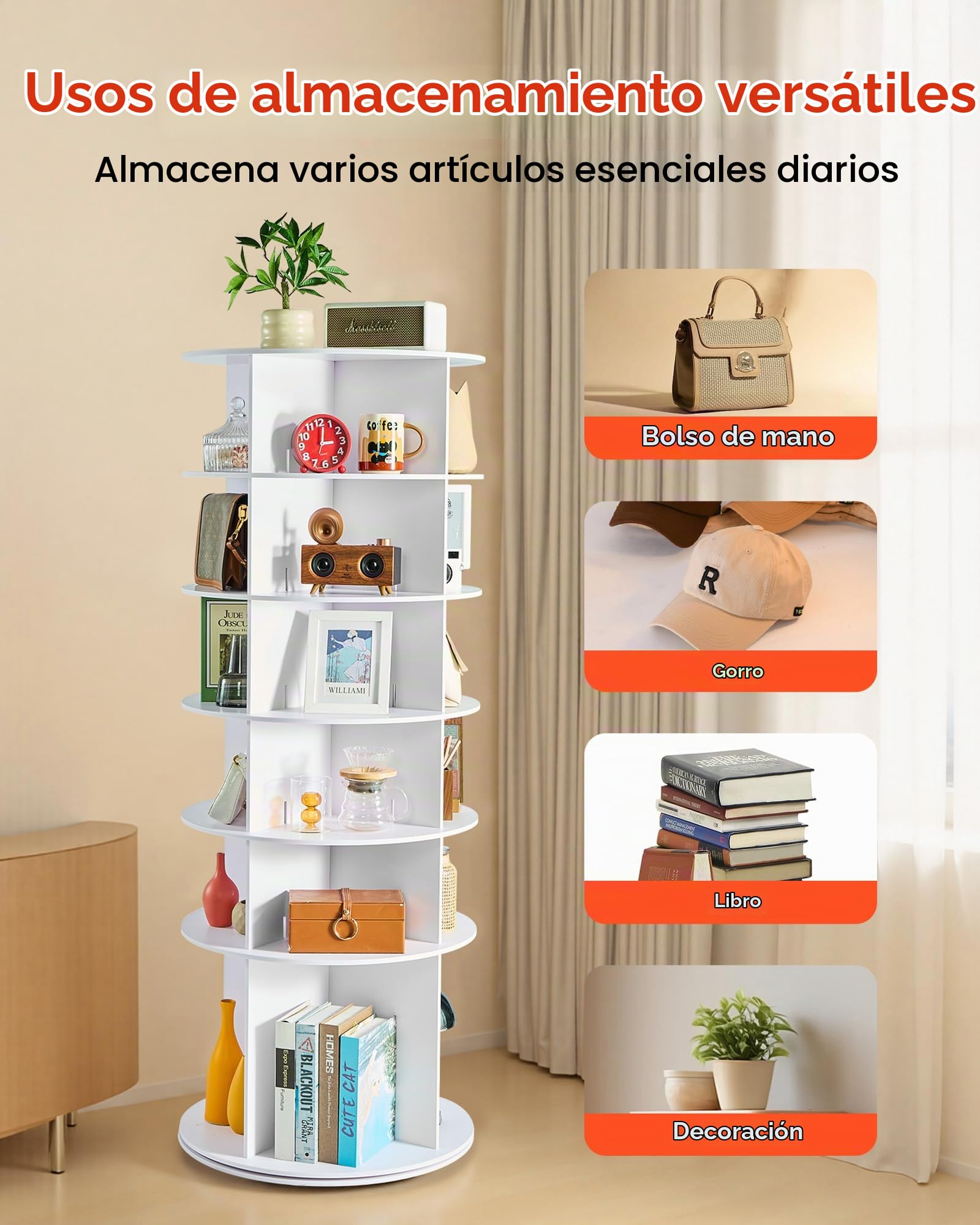VEVOR Zapatero, Armario para 24 Pares de Zapatos, 6 Estantes y 4 Compartimentos, Giratorio 360°, Ahorra Espacio, Ideal para Dormitorio, Sala de Estar o Recibidor, Blanco, 598 x 598 x 1570 mm