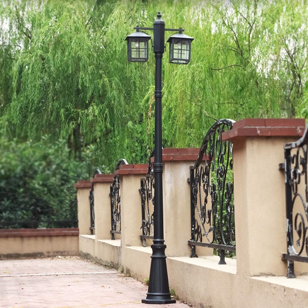 QUSYZD Post Lights Outdoor,2-Lights E27 Traditional Retro Outdoor Path Pillar Light European Ip54 Waterproof Glass Lantern Black Metal Aluminum High Pole Street Garden Landscap,Onecolor-Height 2.25m