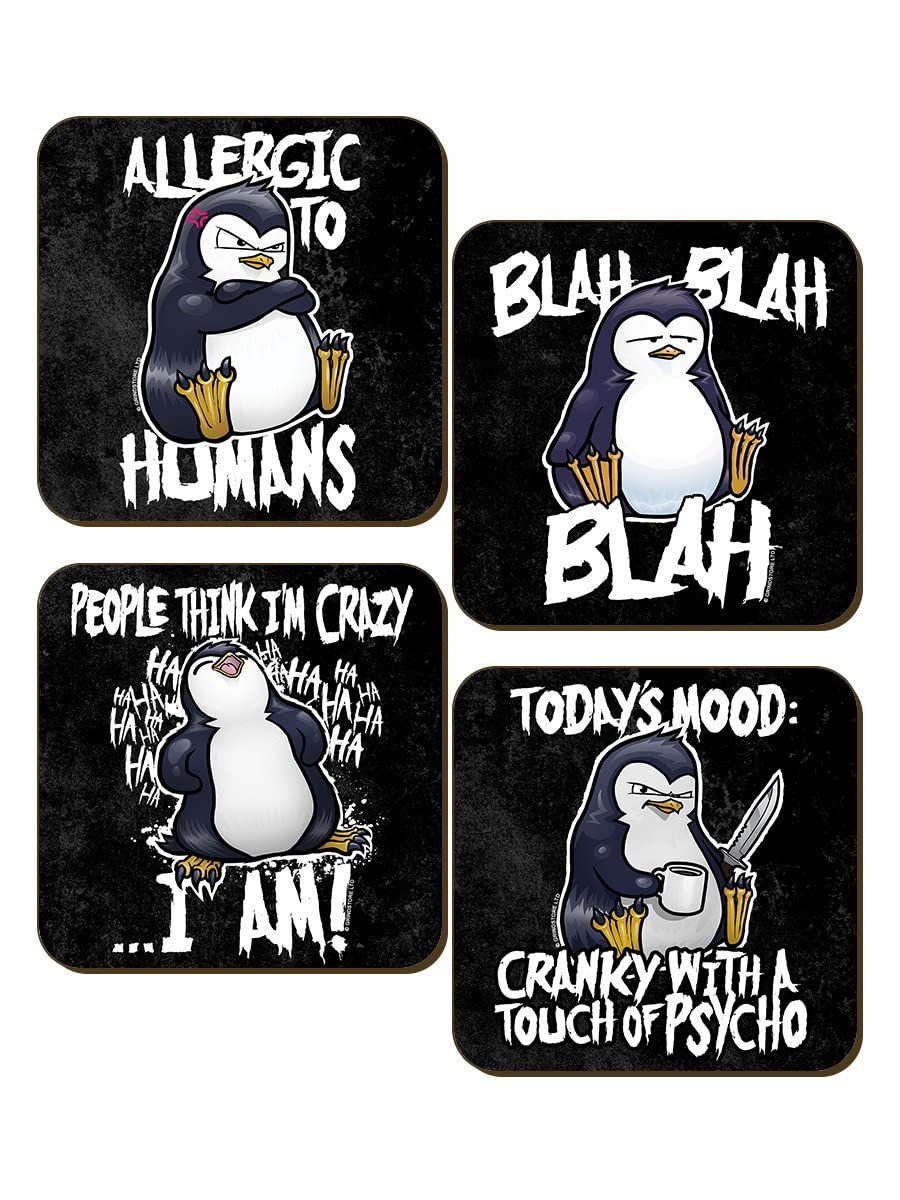 Psycho Penguin Coaster Set Allergic to Humans 4 Piece Black 9.2x9.2cm