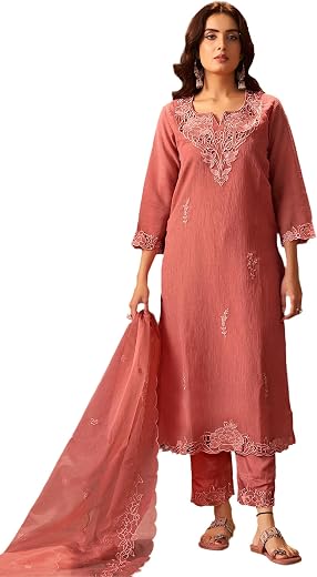 INDO ERA Women's Silk Blend Floral Embroidered Straight Calf Length Kurta with Pant & Dupatta Set (IEOUT11526)