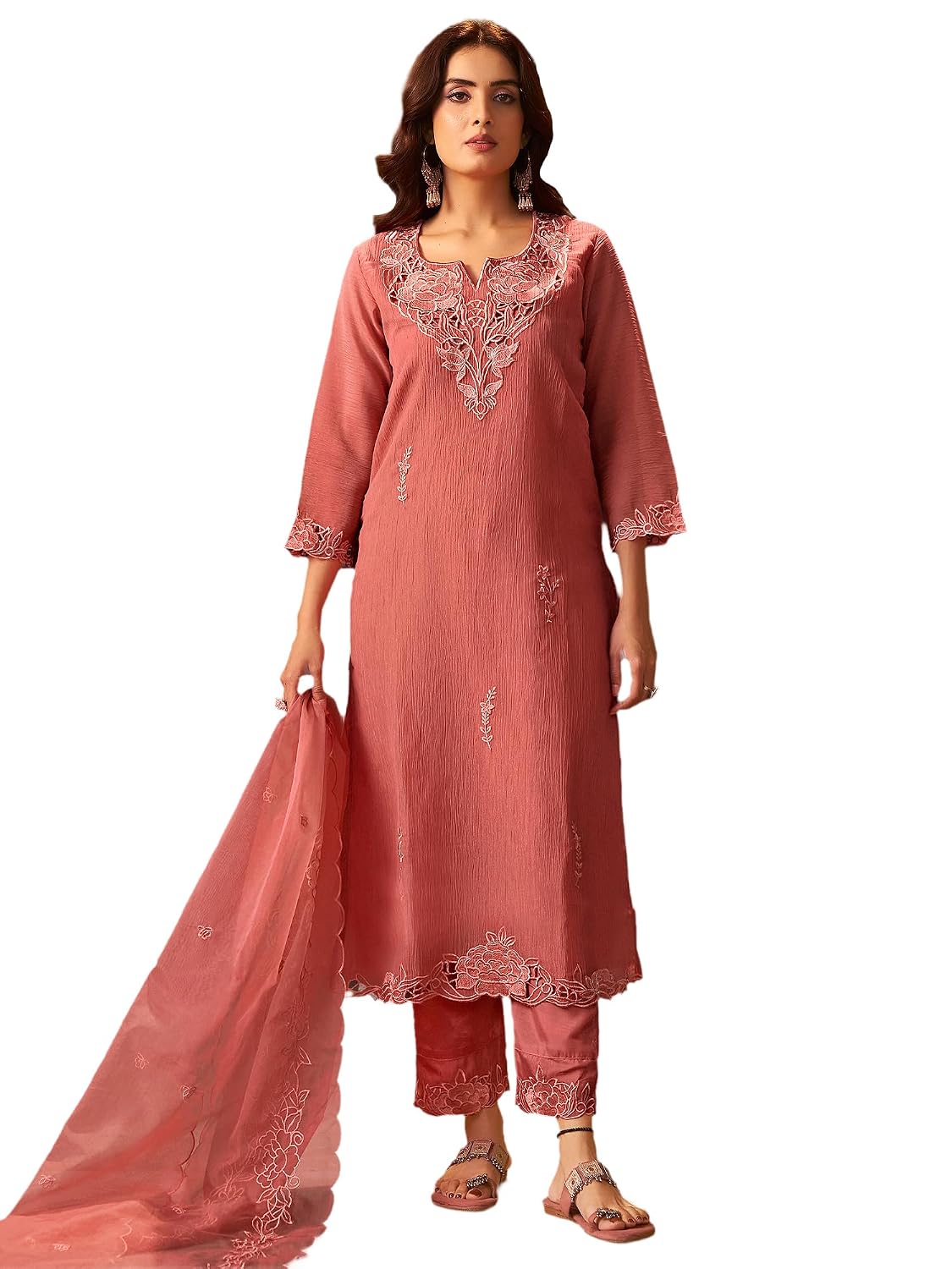 INDO ERA Women's Silk Blend Floral Embroidered Straight Calf Length Kurta with Pant & Dupatta Set (IEOUT11526) - Review, Price and Buying Guide