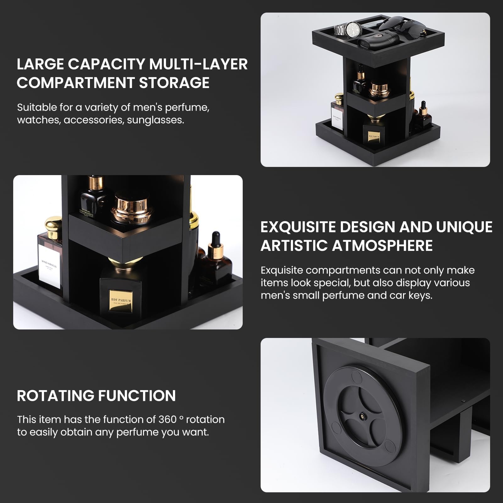 CHY Organizador de perfumes y soporte de perfume para hombre, de madera giratoria de 3 pisos, estante de perfume, expositor para tocador, accesorios, ideas de regalo de cumpleaños para marido y novio