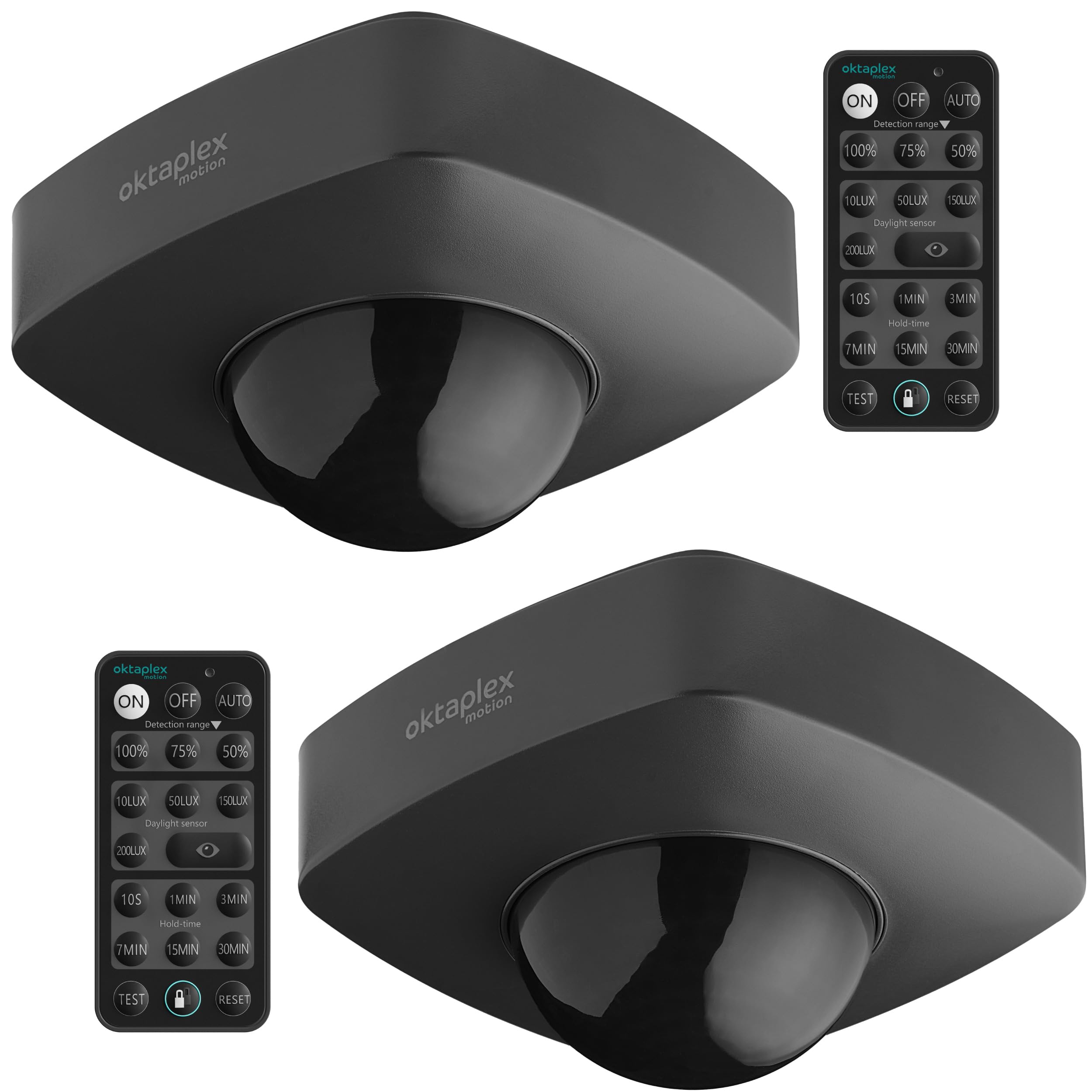 Oktaplex - Juego de 2 detectores de movimiento Tim (360 grados, sensor de infrarrojos, incluye mando a distancia, IP65, 230 V), color antracita
