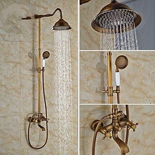 Juego de grifo de ducha retro de latón antiguo de 8 pulgadas, cabezal de ducha de lluvia con rociador de ducha de mano de cerámica con asas dobles,
