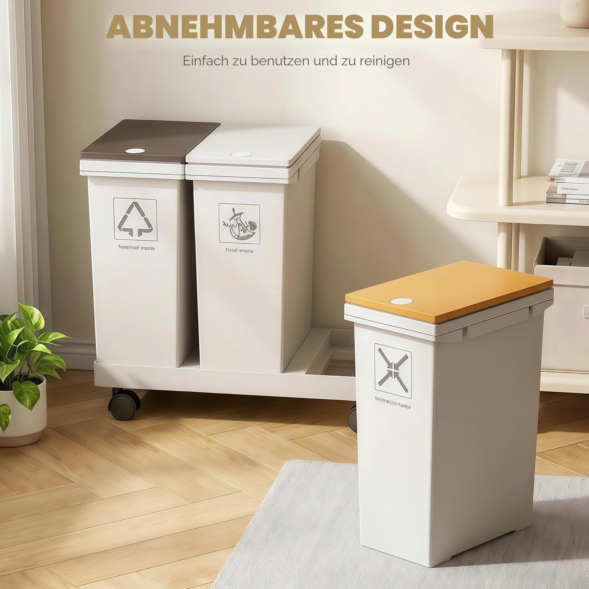 Mobiles Mülleimer Küche 3 x 12 L mit Rollen Mülltrennsystem 3 Fächer | mit Druckdeckeln für Zuhause und Büro Abnehmbarer Trash Can für Küchenabfälle Plastik Papier und Glas