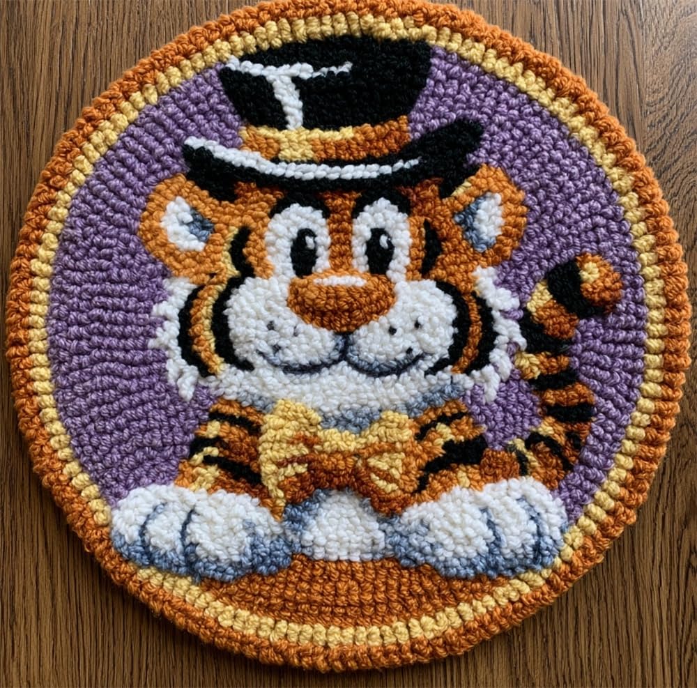 Latch Hook Rug Kit Diy Crochet Carpet For Adults Beginners, Tiger Wearing A Hat 20X20Inch (50X50Cm) Patterns Pre-Printed Canvas Yarn Rug Hooking Kits, Creative Craft Home Decor Ideal For Le