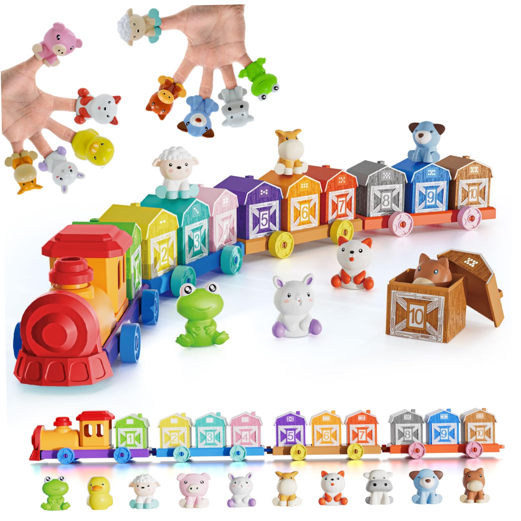 Juego de Tren para niños pequeños, Actividad de conteo, combinación y clasificación, Juguete de Tren para niños pequeños con Marionetas de Dedo de Animales de Granja, Juguetes Montessori para