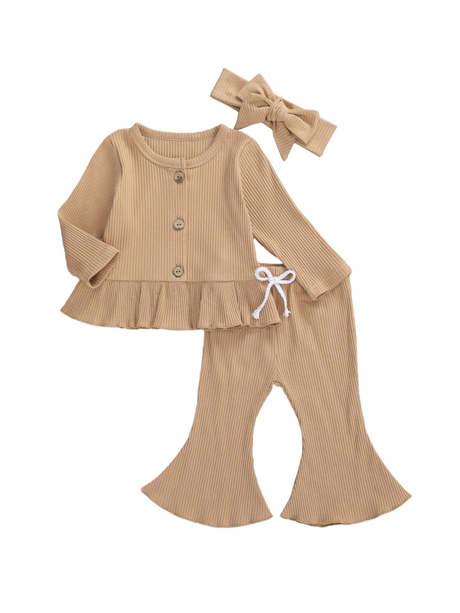 Newborn Baby Girls Clothes Knit Outfits Long Sleeve Buttons Round Neck Ruffle Top + Long Flared Pant + Headband 3pcs Outfit (Khaki, 12-18 Months)