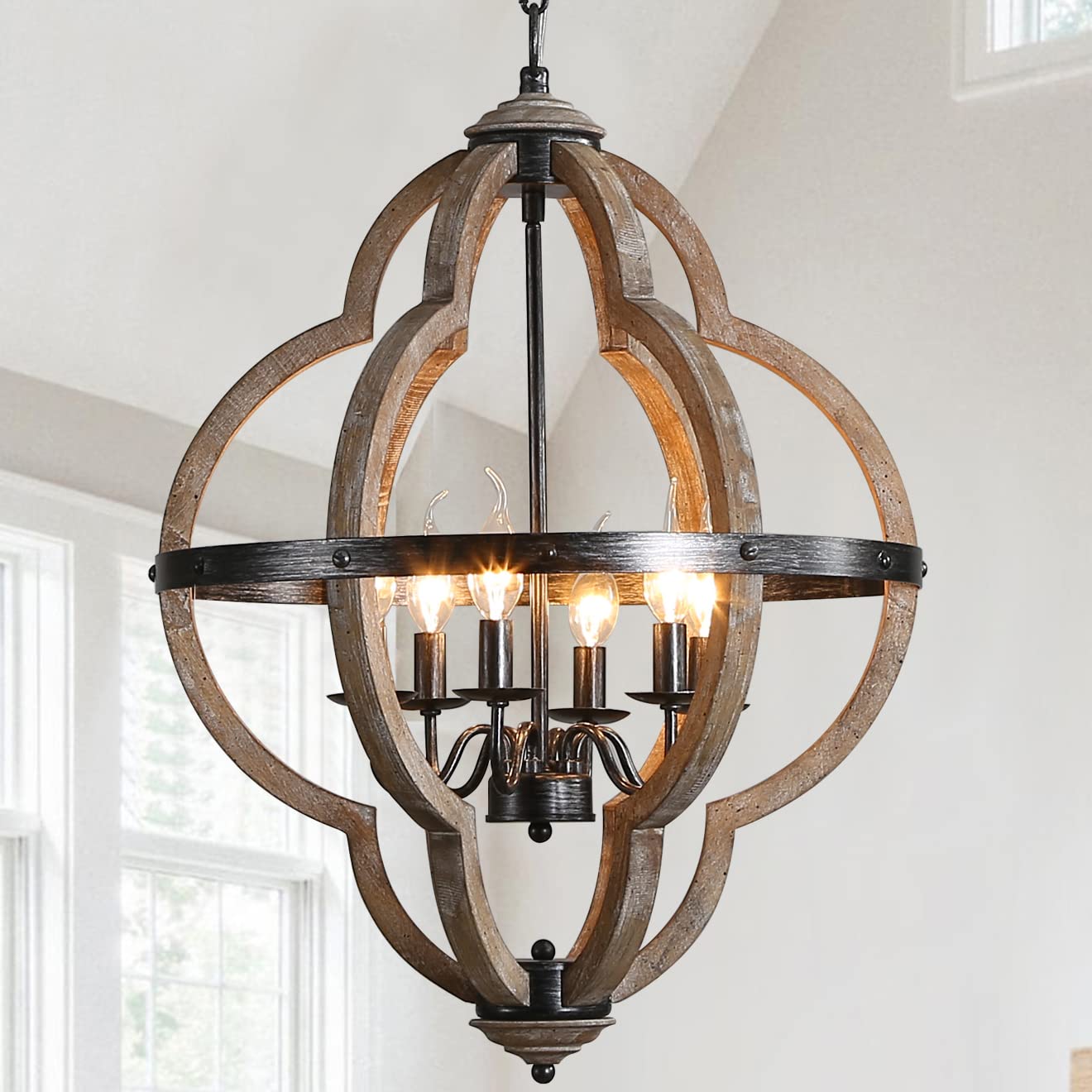 PHILOMENA 6Light Large Wooden Orb Chandelier Modern Farmhouse Dining