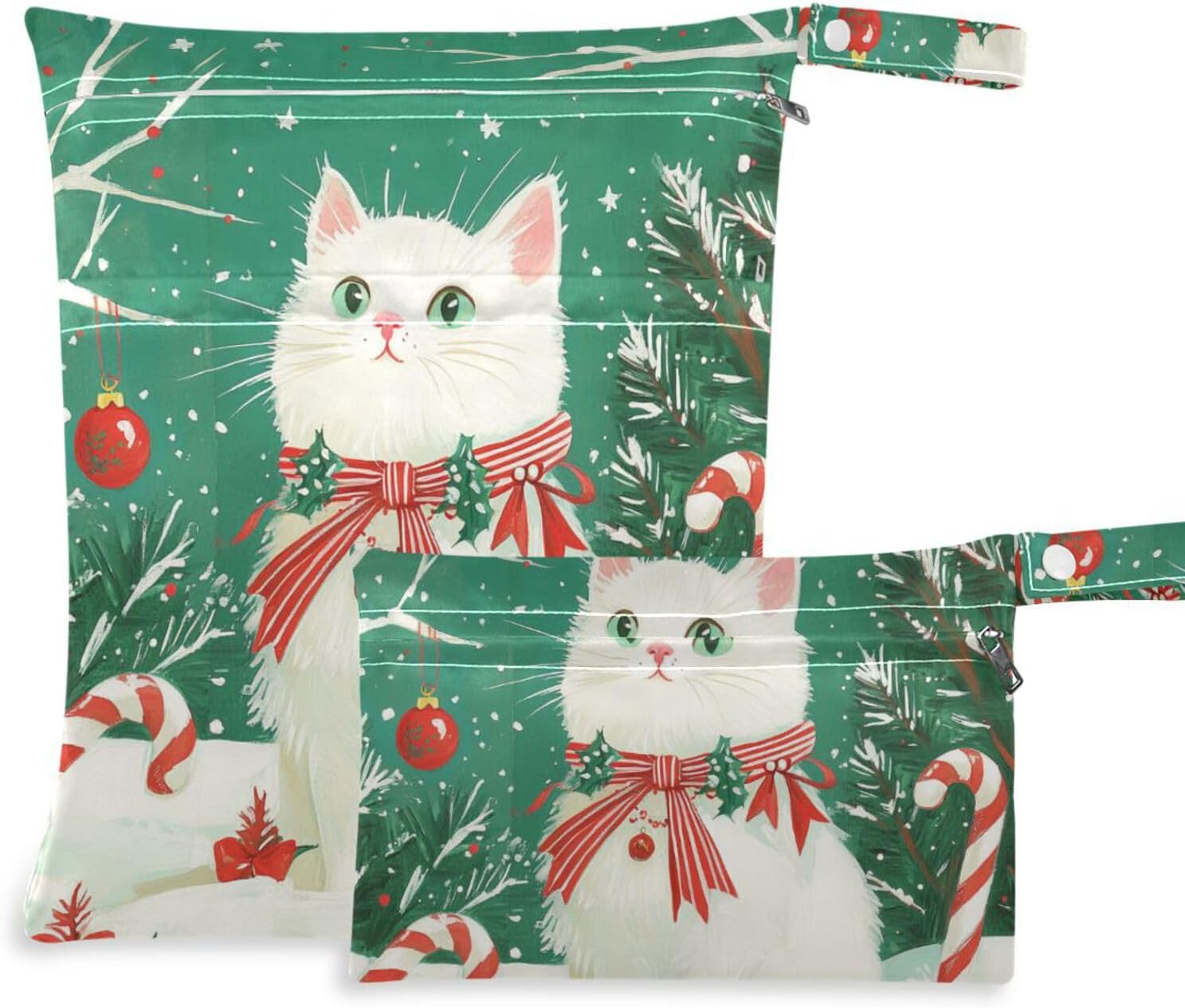 Cartoon Cute White Christmas Cat zippered clothes bag 2 Pack wet bag for swimsuit with handles for baby diapers, daycare