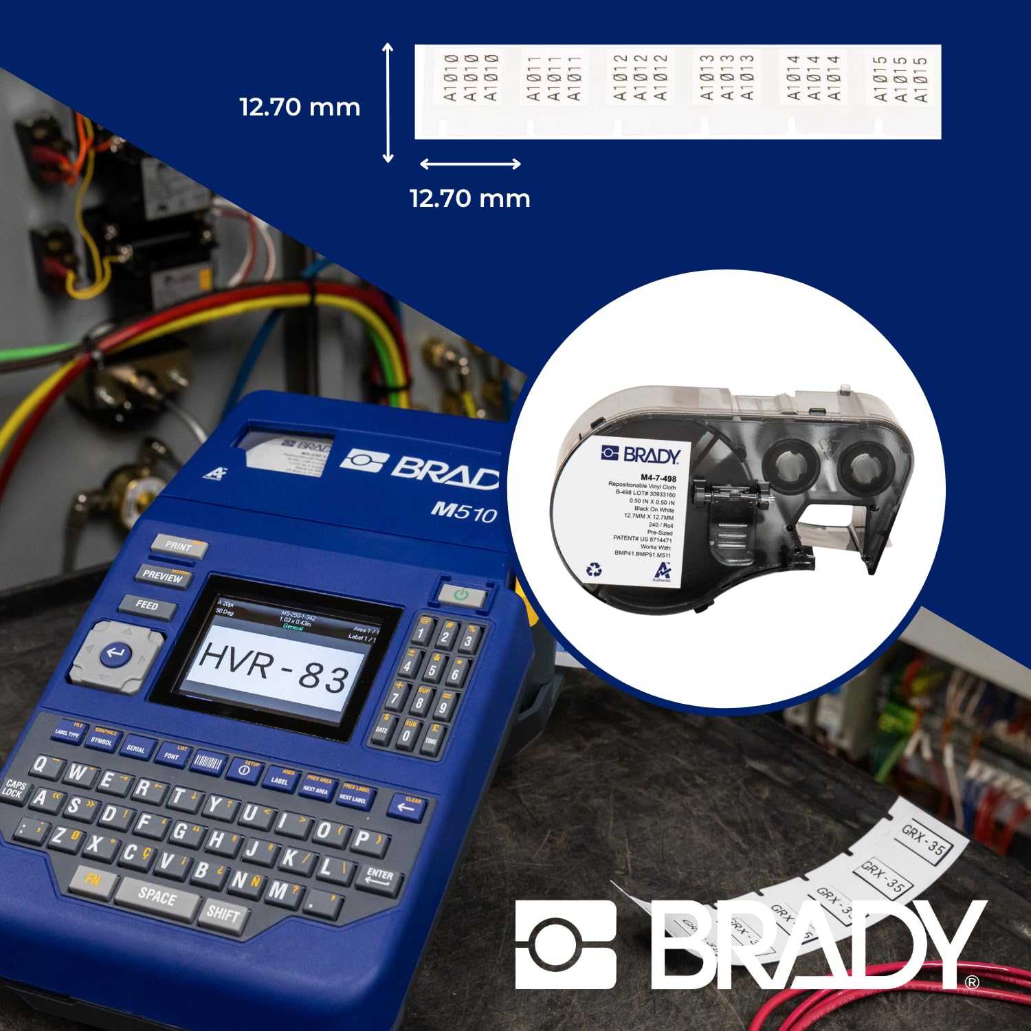 Brady Authentic (M4-7-498) Repositionable Multi-Purpose Vinyl Cloth Labels 0.5" H x 0.5" W Black on White, 240 Labels. for use with The BMP41, BMP51, and M511 Label Printers