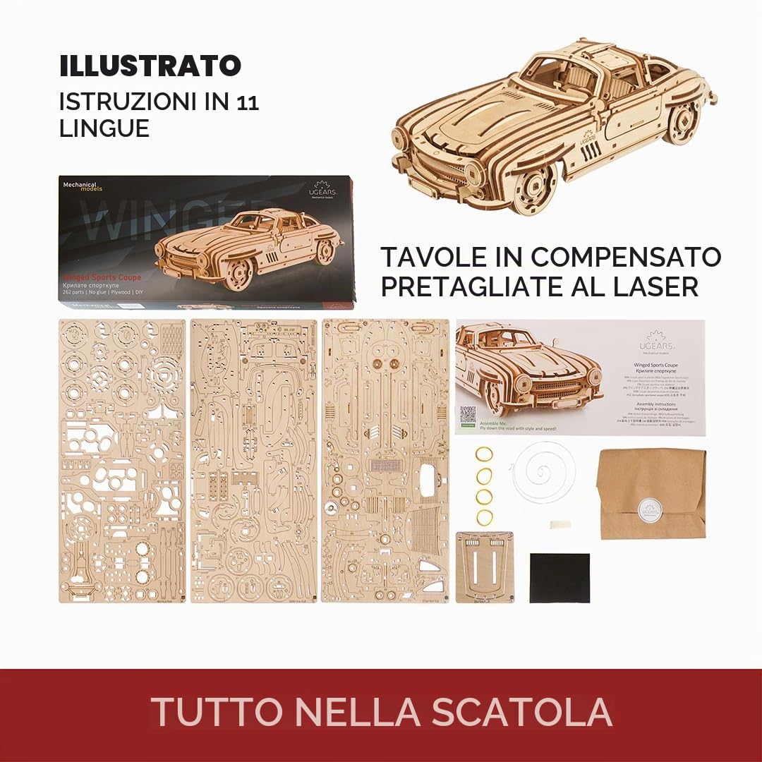UGEARS Coupé Sportiva con Alettone - Modellismo Auto da Costruire Adulti - Puzzle 3D Legno Costruzioni per Adulti - Kit Modellino Auto da Costruire con Autentico Design ad Ali di Gabbiano