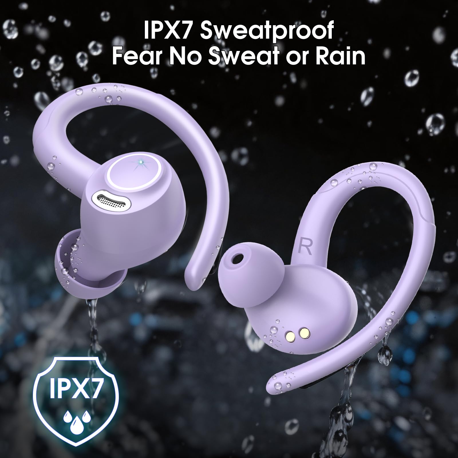 Ecouteurs Bluetooth sans Fil Sport, 2026 Bluetooth 5.4 Headphones avec HiFi Stéréo et ENC Mic,48H Écouteur Sans Fil avec Écran LED, IPX7 Oreillette Bluetooth pour Sports/Voyages,Android iOS,Violet Pur
