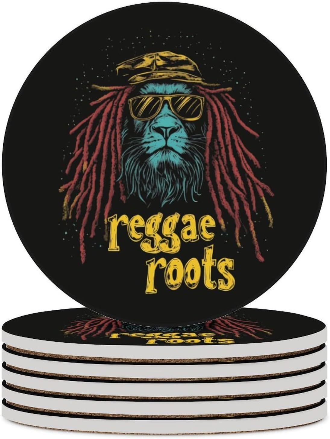 Reggae Lion Roots Round Ceramic Coasters Print Drinks Absorbent with Cork Base for Home Decor Gifts 4 Inch