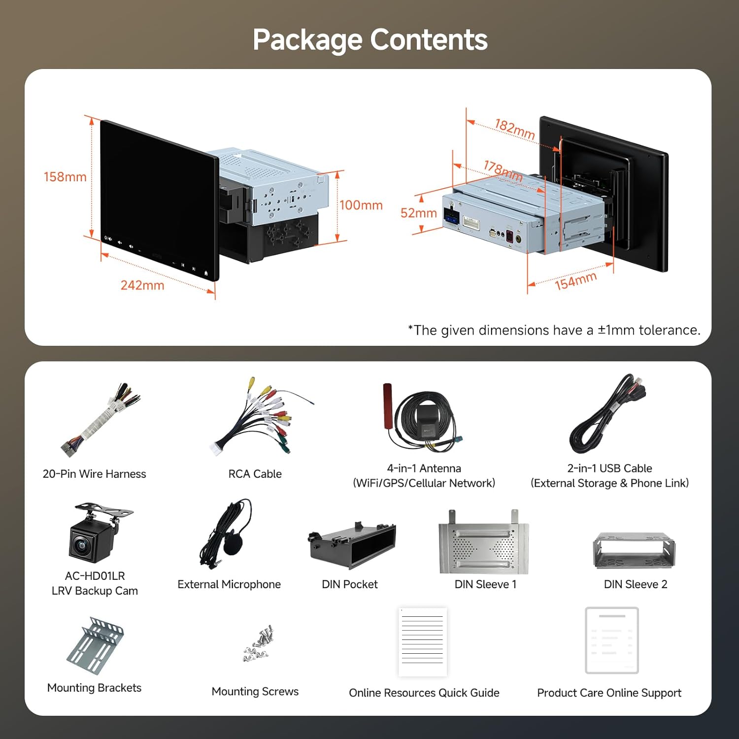 Detailed diagram of all components included in the ATOTOZONE S8G1104MS-S01 package, including the head unit, cables, and accessories.