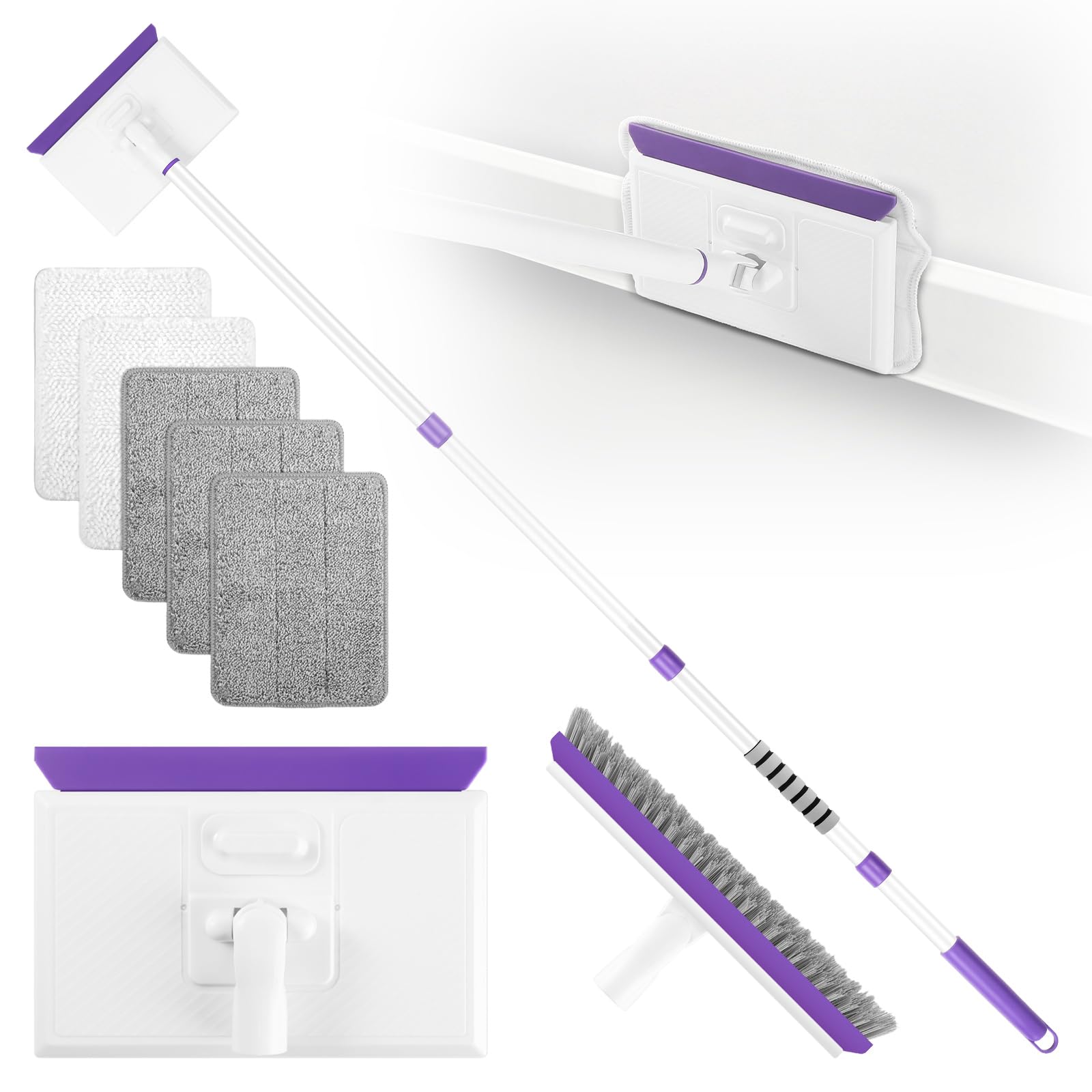baseboard cleaner tool with handle 2.0, 60" extendable long handle, dust trapping and locking, 5 reusable pads, purple base boards cleaning tool for moldings, wall, floor, bathroom, kitchen