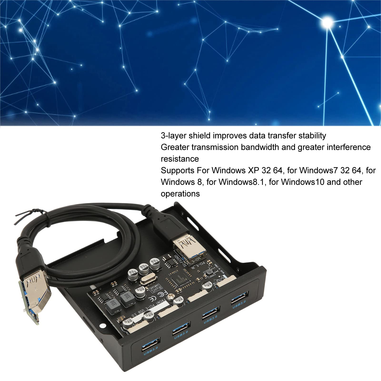 Panel frontal PCIE a USB 3.0 Hub con 4 puertos, panel frontal de PC de 3.5 pulgadas, lector de tarjetas interno PCIE adaptador USB con 4 puertos de salida USB 3.0 X para carcasa de computadora 3