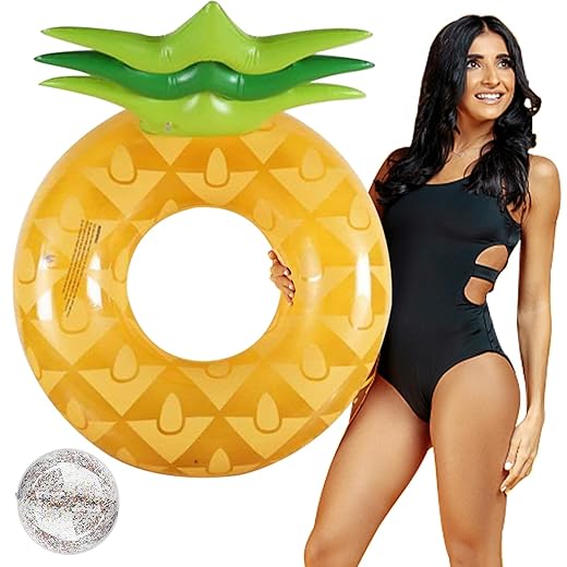 Aufblasbare Ringe für Erwachsene Cool Summer Pool Inflatables Gummi Ananas Obst Wasser Schwimmring mit aufblasbarem Glitzer Strandball für Schwimmbad Party Dekorationen