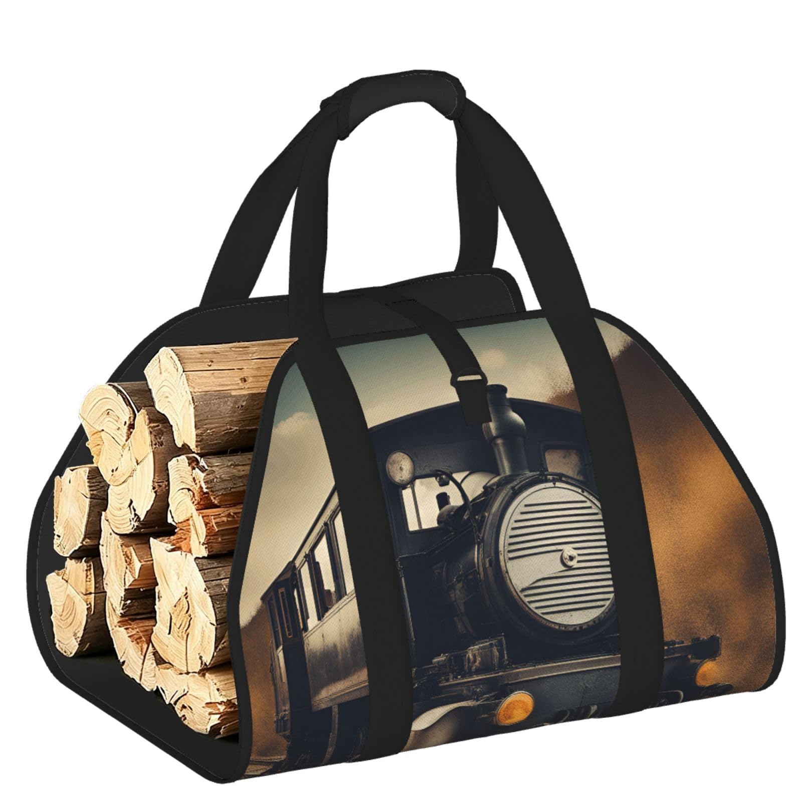 Ayyqwe Black Locomotive Print Firewood Bag Wood Waterproof Versatile Camping Picnic Storage Daily Home