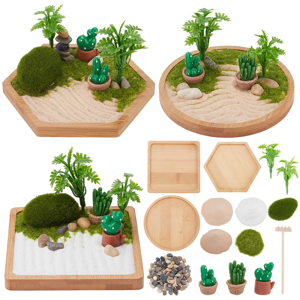 WEBEEDY 3 Sets Desert Zen Garden Kit Japanese Mini Zen Garden Sand Tray Kit for Desktop with Bamboo Tray Stones Rakes Accessories Cactus Desert Decor for Home Office Desktop Unique Gift