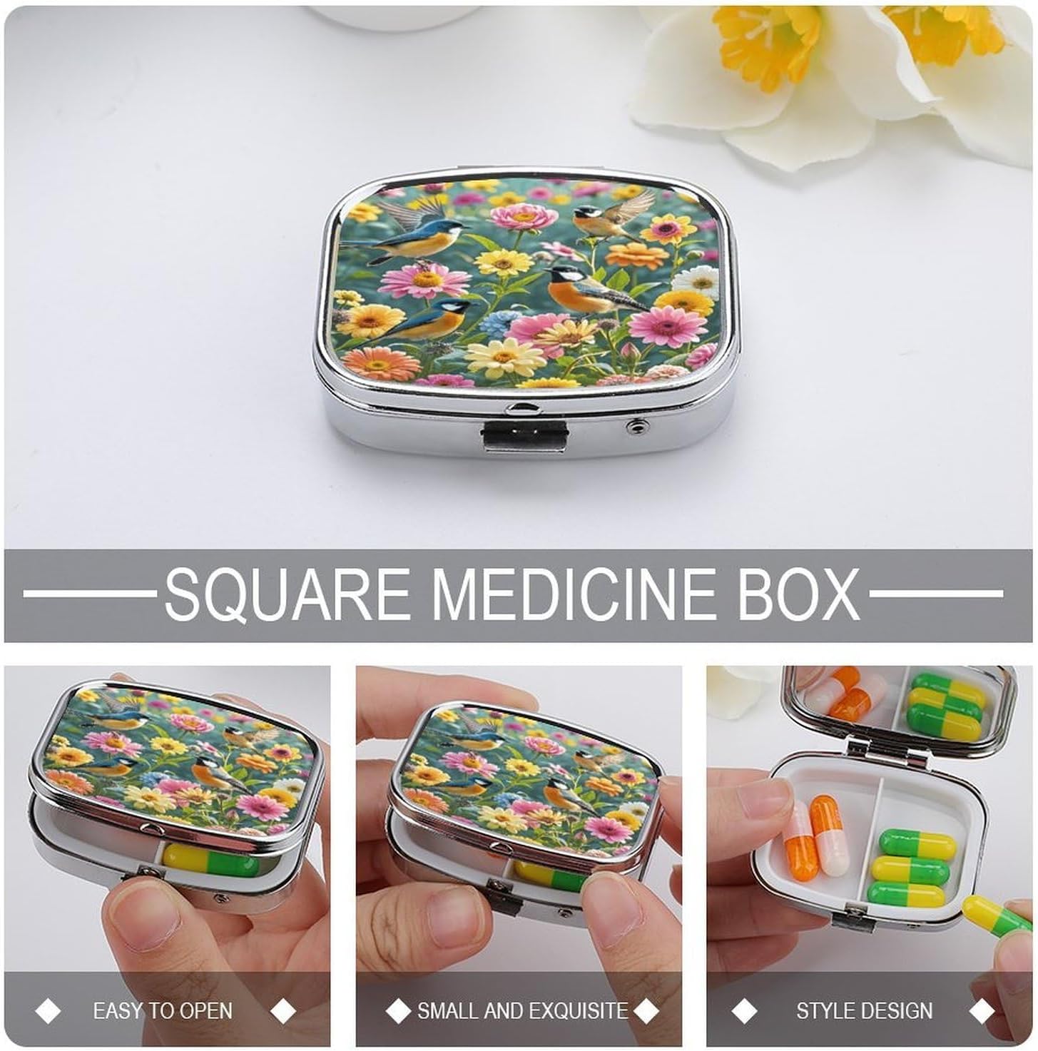 Birds and Flowers Travel Pill Organizer Pill Case image 4