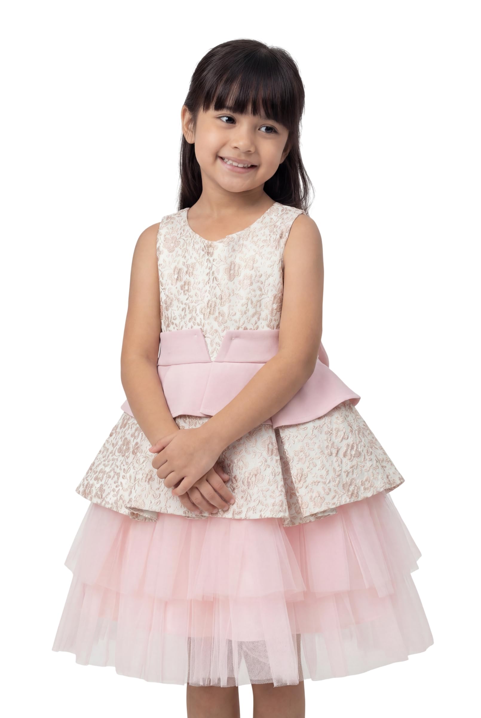 SIRRI Abito da Festa Rosa Jacquard per Bambina con Gonna in Tulle e Fiocco Removibile.