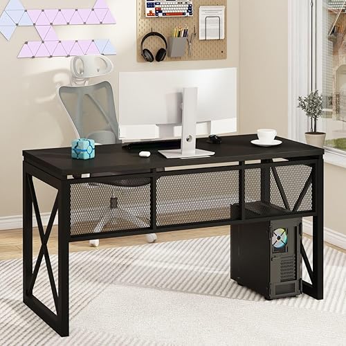 BON AUGURE Escritorio negro para computadora, escritorio moderno para juegos, escritorios de oficina de madera industrial, escritorios de escritura