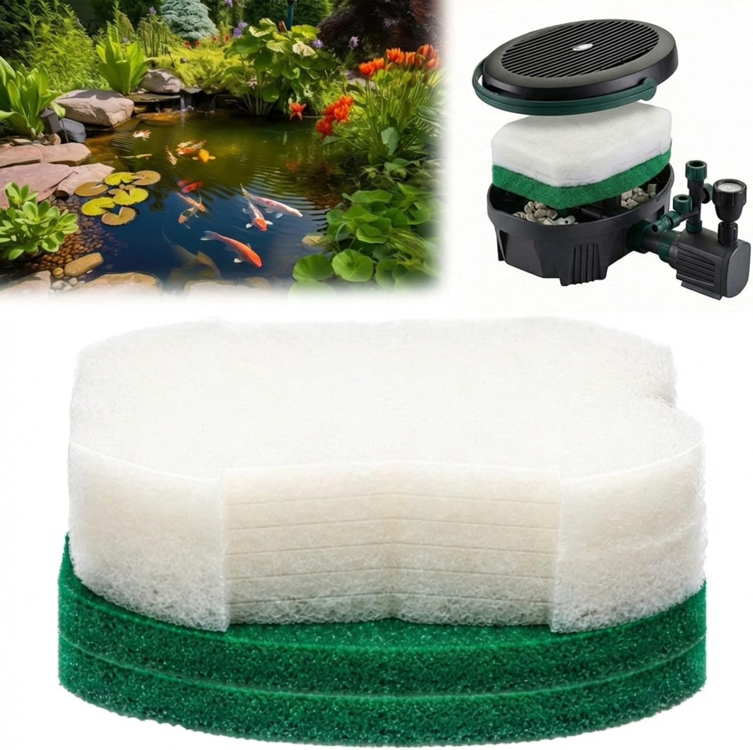 2 Sets/14 Pack Pond Filter for Ponds, Maintenance Replacement Media Kit Suitable for Inpond 5-in-1 200 Gallon Model, 2 Reusable Foam Filter & 12 Polymer Wool Pads(Fit 200)